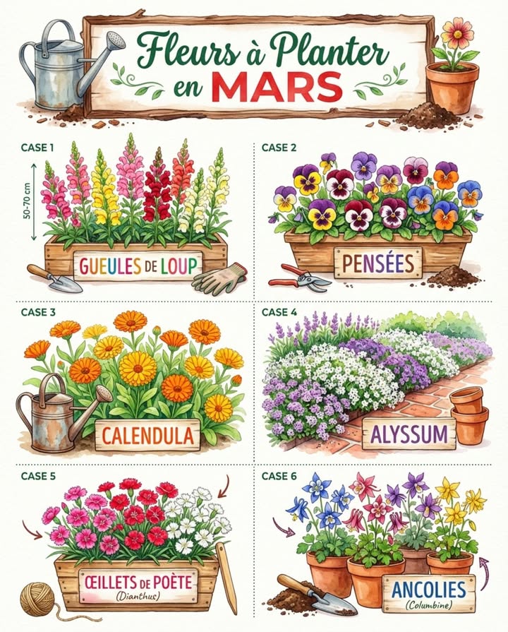 Mars arrive, les jardineries se remplissent  voici les 6 fleurs à acheter maintenant pour un jardin fleuri dès avril. 

Pour les débutants : le Calendula souci est infaillible  semis direct en pleine terre, fleurs en 6-8 semaines, attractif pour les abeilles et les syrphes toute la saison. LAlyssum se sème également directement et forme un tapis odorant qui couvre les bords de massif et supprime les mauvaises herbes.

Pour les contenants et jardinières : les Pensées résistent aux dernières gelées de mars et apportent de la couleur immédiatement. Les Dianthus Dianthus sont compacts et remontants  ils fleurissent de mai jusquaux premières gelées dautomne.

Pour la structure et la verticalité : les Mufliers Gueules de Loup montent à 60-80 cm et créent un fond de massif spectaculaire. Les Ancolies Aquilegia préfèrent la mi-ombre  parfaites sous les arbres ou contre un mur nord.

Astuce mars : planter par temps couvert ou en fin de journée, arroser généreusement après la mise en place, ajouter un fin paillage pour conserver lhumidité du sol encore froid. 

#fleursmars #jardinprintemps #massiffleuris #jardinage
