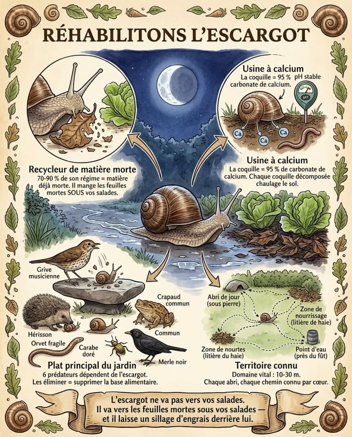 Lescargot que vous déplacez de lallée nest pas un passager en transit. Cest un employé  il travaille dans votre jardin depuis des mois, il connaît chaque mètre carré de son territoire et il remplit un rôle que personne ne voit parce que personne ne regarde ce qui se passe entre minuit et 5 heures du matin.

Lescargot des jardins Cornu aspersum, anciennement Helix aspersa et lescargot de Bourgogne Helix pomatia sont les deux espèces les plus courantes dans les jardins français. Les deux sont des décomposeurs  pas des ravageurs. La différence entre les deux est fondamentale pour comprendre pourquoi lescargot est un allié et pas un ennemi.

CE QUE LESCARGOT FAIT LA NUIT :

Il recycle la matière morte. Lescargot mange principalement de la matière organique en décomposition  feuilles mortes, tiges fanées, fruits tombés, champignons, algues sur les surfaces humides, lichens sur les pierres et les troncs. Son régime alimentaire est composé de 70 à 90 % de matière déjà morte ou en décomposition et de seulement 10 à 30 % de végétation vivante. Lescargot quon accuse de dévorer les salades mange surtout les feuilles mortes sous les salades  et quand il touche une feuille vivante, cest souvent une feuille déjà abîmée, flétrie ou touchée par un champignon.

La radula de lescargot  cette langue râpeuse couverte de milliers de dents microscopiques  fragmente la matière organique en particules fines que les bactéries et les champignons du sol ne pourraient pas attaquer directement. Lescargot est le premier maillon de la chaîne de décomposition  il transforme une feuille morte entière en milliers de fragments digérés qui entrent dans le sol sous forme de déjections riches en calcium et en nutriments. Sans les escargots et les limaces, la litière de feuilles mortes saccumulerait en couches épaisses qui étoufferaient les plantations au lieu de nourrir le sol.

Il enrichit le sol en calcium. La coquille de lescargot est composée à 95 % de carbonate de calcium  le même composé que la chaux agricole utilisée pour corriger lacidité du sol. Chaque escargot qui meurt dans le jardin de vieillesse, de prédation ou daccident libère le calcium de sa coquille dans le sol à mesure quelle se décompose. Un jardin avec une population saine descargots reçoit un apport continu de calcium  un amendement gratuit qui maintient le pH du sol et nourrit les vers de terre les vers de terre ont besoin de calcium pour produire leurs cocons de reproduction. Les jardins traités aux molluscicides anti-limaces qui tuent aussi les escargots perdent cet apport de calcium  le sol sacidifie progressivement et les vers de terre déclinent.

Les déjections de lescargot sont un engrais concentré. Un escargot produit chaque nuit des crottes noires cylindriques de 2 à 3 mm  un concentré de matière organique digérée, de calcium, dazote et de phosphore. Ces déjections sont intégrées au sol par les vers de terre et les collemboles en quelques jours. Sur une saison complète mars à octobre, la population descargots dun jardin de 200 m produit entre 500 grammes et 1 kg de déjections  une micro-fertilisation distribuée uniformément sur toute la surface, chaque nuit, sans intervention humaine.

Il nourrit tout le monde. Lescargot est le maillon central de la chaîne alimentaire du jardin  le plat principal de la moitié des prédateurs qui protègent le potager. La grive musicienne est le spécialiste  elle fracasse la coquille sur une pierre plate lenclume de grive, visible dans chaque jardin sous forme dune pierre entourée de débris de coquilles et extrait le corps. Le merle noir, le hérisson, le crapaud commun, lorvet fragile, le carabe doré et le staphylin odorant consomment tous des escargots  les jeunes individus sans coquille durcie pour les prédateurs plus petits, les adultes pour les prédateurs équipés pour briser la coquille.

Éliminer les escargots du jardin avec des molluscicides supprime la base alimentaire de six prédateurs de ravageurs  les mêmes prédateurs qui contrôlent les limaces, les chenilles et les vers gris. Le jardinier qui empoisonne les escargots pour protéger ses salades empoisonne aussi les grives, les hérissons et les carabes qui protégeaient le potager de tout le reste.

SON TERRITOIRE EST PRÉCIS :

Lescargot nerre pas au hasard. Chaque individu possède un domaine vital de 10 à 30 mètres de diamètre quil connaît en détail  chaque abri diurne sous une pierre, dans une fissure de mur, sous un pot retourné, chaque source de nourriture, chaque chemin de déplacement. Lescargot retrouve son abri chaque matin avant laube en suivant sa propre trace de mucus de la veille. Il emprunte les mêmes itinéraires nuit après nuit  un réseau de sentiers muqueux invisibles pour nous mais parfaitement lisibles pour lui.

Déplacer un escargot de plus de 20 mètres le met hors de son territoire  dans un environnement quil ne connaît pas, sans abri identifié, sans itinéraire mémorisé. Un escargot déplacé passe les premières nuits à errer en cherchant un nouveau gîte au lieu de se nourrir  il dépense de lénergie et perd du poids. Lintention de  le mettre en sécurité  le met en danger si la distance est trop grande. Le bon geste  celui du premier post  est de le déplacer de quelques mètres seulement, dans la direction où il allait, dans un environnement similaire zone humide et ombragée, pas en plein soleil sur du gravier.

LESCARGOT ET LA SALADE  LE MALENTENDU :

Lescargot mange des salades  cest vrai. Mais il ne mange pas les salades saines et vigoureuses en priorité. Il mange les feuilles basses en contact avec le sol humide les feuilles qui pourriraient de toute façon, les feuilles déjà attaquées par un champignon botrytis, mildiou  lescargot est attiré par les tissus en décomposition et les plantules fraîchement repiquées dont les tissus sont tendres et stressés le stress du repiquage libère des composés volatils qui attirent les gastropodes.

La protection des semis et des repiquages ne nécessite pas lélimination des escargots  elle nécessite une barrière temporaire de deux à trois semaines autour des jeunes plants, le temps que les tissus durcissent. Un anneau de cendre de bois renouvelé après chaque pluie, un col de bouteille en plastique coupé enfoncé autour de chaque plant ou un voile de forçage posé sur les semis pendant les premières semaines suffisent. Passé le stade de quatre à six vraies feuilles, la salade nintéresse plus lescargot  il retourne aux feuilles mortes sous les plants.

Le jardin qui garde ses escargots et protège ses semis pendant trois semaines a des salades intactes ET un sol fertilisé, recyclé et nourri toute la saison. Le jardin qui élimine tous les escargots a des salades intactes pendant un mois  puis des limaces sans prédateurs, un sol appauvri en calcium et un potager qui a besoin de plus dengrais chaque année pour compenser le recyclage qui ne se fait plus.

Lescargot qui traverse lallée à minuit ne va pas vers vos salades. Il va vers les feuilles mortes sous vos salades  et il laisse derrière lui un sillage dengrais, de calcium et de nourriture pour les six prédateurs qui protègent votre potager.

Trente secondes de patience pour le déplacer correctement. Douze mois de services gratuits en échange.

#EscargotDuJardin #Recycleur #ChaîneAlimentaire #SolVivant #FauneDuJardin