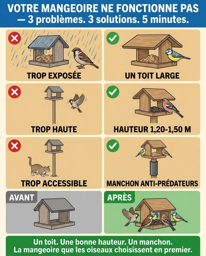 Votre mangeoire est vide parce quelle a été conçue pour lœil humain, pas pour un oiseau qui mange debout sur un bord de 2 cm.

 Trop exposée : une mangeoire sans toit laisse la pluie gonfler et fermenter les graines en 48h  les oiseaux sentent la fermentation et repartent.
 Trop haute : fixée à plus de 1,80 m, elle est hors de la zone de surveillance naturelle des mésanges et pinsons  ils préfèrent voir le sol sous eux pendant quils mangent.
 Trop accessible : sans manchon anti-prédateurs sur le poteau, le chat du voisin transforme la mangeoire en piège. Un manchon lisse de 50 cm suffit.

Un toit. Une hauteur de 1,20 à 1,50 m. Un manchon. La mangeoire que les oiseaux choisissent avant toutes les autres.

#MangeaireJardin #FauneJardin #OiseauxFrance #JardinNaturel