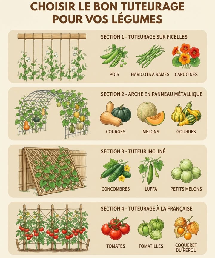 Choisir le bon tuteurage pour vos légumes

Différents styles de tuteurage soutiennent diverses cultures et préviennent le surpeuplement dans les petits jardins. La culture verticale économise lespace et maintient les légumes hors du sol, réduisant la pourriture et les ravageurs.

Tuteurage sur ficelles : idéal pour les grimpantes légères comme les pois

Arches en panneaux métalliques : supportent les cultures plus lourdes comme les courges et les melons

Tuteurs inclinés : adaptés aux concombres dans les espaces restreints

Tuteurage à la française : utilise des piquets et de la ficelle pour soutenir les tomates indéterminées, les maintenant droites pour un accès facile

Le choix du bon tuteurage évite les effondrements et optimise la récolte.