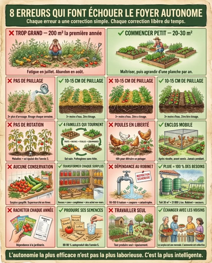 La plupart des foyers autonomes qui échouent ne manquent pas de surface, de motivation ni de budget. Ils échouent parce que le jardinier a commis une des huit erreurs qui transforment un système productif en corvée permanente  et chaque erreur a une correction simple que les foyers qui réussissent appliquent dès la première saison.

8 ERREURS QUI FONT ÉCHOUER LE FOYER AUTONOME  ET COMMENT LES CORRIGER :

ERREUR 1  TROP GRAND TROP VITE

Le débutant qui démarre avec 200 m de potager la première année se noie. Il passe six heures par week-end à semer, désherber, arroser, récolter et transformer  et la fatigue le rattrape en juillet exactement quand la production explose et que la conserverie devrait tourner. Le potager de 200 m non maîtrisé produit autant de culpabilité que de tomates  les courgettes pourrissent au sol, les haricots durcissent sur le pied, les salades montent en graines et le jardinier ne veut plus voir son potager.

La correction : démarrer avec 20 à 30 m maximum la première année  quatre planches surélevées, pas plus. Maîtriser la rotation, larrosage et la récolte sur cette surface avant dagrandir. Ajouter une à deux planches par an. En cinq ans, le potager de 60 à 80 m est géré avec fluidité parce que chaque geste a été appris progressivement. Le jardinier qui maîtrise 30 m produit plus que le jardinier qui se noie dans 200 m  la productivité par mètre carré augmente avec lexpérience, pas avec la surface.

ERREUR 2  PAS DE PAILLAGE

Le sol nu est lennemi du jardinier autonome. Un mètre carré de sol nu perd entre 3 et 5 litres deau par jour par évaporation en été  de leau captée par les récupérateurs et arrosée à grand effort. Le même mètre carré sous 10 cm de paillage paille, foin, BRF, tontes de pelouse séchées perd moins dun litre. Le sol nu se croûte sous la pluie battance, se fissure en séchant, germe des adventices à la moindre pluie et oblige à biner chaque semaine.

La correction : pailler chaque planche dès le repiquage avec 10 à 15 cm de matière organique  paille de blé, foin fané, feuilles mortes, tontes de pelouse séchées, broyat de branches BRF. Le paillage retient lhumidité division par trois à cinq de larrosage, supprime 90 % des adventices pas de binage, nourrit les vers de terre amélioration continue du sol et régule la température du sol les racines sont protégées du gel au printemps et de la surchauffe en été. Un jardin paillé demande deux à trois fois moins de temps dentretien quun jardin nu  cest la technique qui libère le plus de temps dans le foyer autonome.

ERREUR 3  PAS DE ROTATION

Le jardinier qui plante les tomates au même endroit chaque année voit ses tomates dépérir à partir de la troisième saison  mildiou précoce, verticilliose, nématodes. Le sol se fatigue, les pathogènes saccumulent et les nutriments spécifiques sépuisent. La tomate au même endroit cinq ans de suite est un champ de mines phytosanitaire  chaque saison ajoute une couche de problèmes dans le sol.

La correction : rotation stricte à quatre familles  légumes-fruits tomates, courgettes, poivrons  légumes-racines carottes, betteraves, navets  légumes-feuilles salades, choux, épinards  légumineuses et engrais verts haricots, pois, fèves, phacélie. Chaque planche change de famille chaque année. En quatre ans, chaque planche a reçu les quatre familles  les pathogènes ne trouvent plus leur hôte, les nutriments se reconstituent, le sol reste sain. La rotation est la médecine préventive du potager  gratuite, invisible et plus efficace que tout traitement curatif.

ERREUR 4  POULES EN LIBERTÉ TOTALE DANS LE POTAGER

Le jardinier qui lâche ses quatre poules dans le potager  pour quelles mangent les limaces  découvre en quarante-huit heures que les poules mangent aussi les salades, déterrent les semis, grattent le paillage en tas contre les murs, piétinent les jeunes plants et transforment le potager en champ de boue en une semaine. Les poules ne distinguent pas les limaces des laitues  elles mangent tout ce qui est vert, mou et accessible.

La correction : lenclos mobile. Les poules sont confinées dans un enclos grillagé de 3  3 m déplacé sur les planches APRÈS la récolte et AVANT le semis suivant  jamais pendant la culture en cours. Elles préparent la planche en deux à trois semaines désherbage, décompactage, fertilisation puis lenclos est déplacé et les semis sont lancés. Le potager est interdit aux poules en permanence sauf sous contrôle dans lenclos mobile. Le verger, en revanche, peut recevoir les poules en liberté en automne  elles mangent les fruits tombés interruption du cycle des carpocapses sans dommage aux arbres adultes.

ERREUR 5  AUCUNE CONSERVATION

Le foyer qui produit 200 kg de légumes entre juin et octobre mais ne conserve rien se retrouve au supermarché en novembre comme sil navait pas de potager. La production dété est gaspillée si elle nest pas transformée et stockée. Le jardinier qui mange ses tomates fraîches en août mais achète des tomates en boîte en janvier a un potager de loisir  pas un foyer autonome.

La correction : la conserverie commence en même temps que la production. Chaque surplus quotidien est transformé le jour même  bocaux de tomates stérilisés, haricots verts blanchis et congelés, coulis de courgettes, confitures de fruits. Linvestissement en matériel est modeste : un stérilisateur 50 à 100 euros, des bocaux à joint caoutchouc type Le Parfait récupérés en brocante pour 0,50 à 1 euro pièce, un congélateur doccasion 100 à 200 euros. La cave à légumes stocke ce qui se conserve en frais pommes de terre, carottes dans le sable, courges, pommes, ail, oignons. Lobjectif en année 5 : zéro achat de légumes entre novembre et mars.

ERREUR 6  DÉPENDANCE AU ROBINET

Le potager arrosé exclusivement au robinet coûte entre 50 et 150 euros deau par saison selon la commune et le tarif  un poste de dépense qui annule une partie de léconomie sur le budget alimentaire. Pire : le robinet crée une dépendance au réseau  une coupure deau en été travaux, restriction sécheresse met le potager en danger en quarante-huit heures.

La correction : dimensionner la récupération deau de pluie pour couvrir 100 % des besoins du potager et du poulailler. La règle de calcul : un toit de X m collecte environ X  700 litres de pluie par an en climat français moyen. Un potager de 60 m bien paillé consomme entre 15 000 et 20 000 litres par saison. Un toit de 30 m une seule pente de la maison collecte environ 21 000 litres  largement suffisant. Deux cuves IBC de 1 000 litres plus une citerne enterrée de 3 000 litres couvrent les besoins avec une marge de sécurité. Le robinet devient la solution de secours  pas la source principale.

ERREUR 7  AUCUNE PRODUCTION DE SEMENCES

Le foyer autonome qui rachète toutes ses semences chaque année 40 à 80 euros reste dépendant de la jardinerie pour le démarrage de chaque saison. En cas de rupture dapprovisionnement pénurie, fermeture, hausse de prix, le potager ne peut pas démarrer.

La correction : à partir de la troisième année, commencer la production de semences sur les espèces les plus faciles à reproduire. Les tomates : laisser mûrir un fruit sur le pied le plus vigoureux, extraire les graines, les fermenter 48 heures dans un verre deau la fermentation détruit les inhibiteurs de germination, rincer, sécher à lair sur une assiette, stocker dans une enveloppe en papier au sec et au frais. Les haricots et les fèves : laisser sécher les gousses sur le pied jusquà ce quelles brunissent et craquent, écosser, sécher une semaine, stocker. Les laitues : laisser monter en graines le plus beau pied, récolter les plumeaux secs, frotter entre les doigts pour séparer les graines. Les courges : extraire les graines du plus beau fruit, rincer, sécher.

En cinq ans, un jardinier autonome produit 80 à 90 % de ses semences  le seul achat restant concerne les hybrides F1 dont les graines ne sont pas fidèles et les espèces allogames complexes choux, betteraves, carottes qui nécessitent un isolement de pollinisation difficile à gérer en petit jardin.

ERREUR 8  TRAVAILLER SEUL

Le foyer autonome le plus efficace nest pas le foyer le plus équipé. Cest le foyer le mieux connecté à ses voisins. Le jardinier isolé qui tente de tout produire seul sépuise. Le jardinier qui échange avec trois ou quatre voisins multiplie sa diversité sans multiplier son travail  il produit ses tomates et échange contre les pommes du voisin, ses œufs contre le miel du rucher den face, ses plants de courgettes contre les semences de haricots de la ferme à côté.

La correction : dès la première saison, créer un réseau déchange avec les jardins voisins. Le surplus nest pas un déchet  cest une monnaie déchange. Les cinq kilos de courgettes que le foyer ne peut pas manger en août sont les cinq kilos de courgettes que le voisin sans potager est ravi de recevoir  en échange de quoi il taillera la haie en février ou prêtera son broyeur. Lautonomie alimentaire est collective avant dêtre individuelle  un hameau de cinq foyers qui échangent est plus résilient quun seul foyer qui tente de tout faire.

LE RÉSUMÉ EN UNE PHRASE PAR ERREUR :

Trop grand  commencer petit et agrandir chaque année.
Pas de paillage  pailler chaque centimètre de sol cultivé.
Pas de rotation  quatre familles qui tournent chaque année.
Poules en liberté  enclos mobile, jamais en liberté dans le potager.
Pas de conservation  transformer chaque surplus le jour même.
Dépendance au robinet  dimensionner la pluie pour 100 % des besoins.
Pas de semences  produire ses graines dès la troisième année.
Travailler seul  échanger avec les voisins dès la première saison.

Le foyer autonome qui évite ces huit erreurs passe moins de temps au jardin que celui qui les commet  parce que chaque erreur génère des heures de travail supplémentaire que la correction supprime. Lautonomie la plus efficace nest pas la plus laborieuse. Cest la plus intelligente.

#FoyerAutonome #ErreursDeDébutant #AutonomieIntelligente #PotagerProductif #PermacultureFamiliale