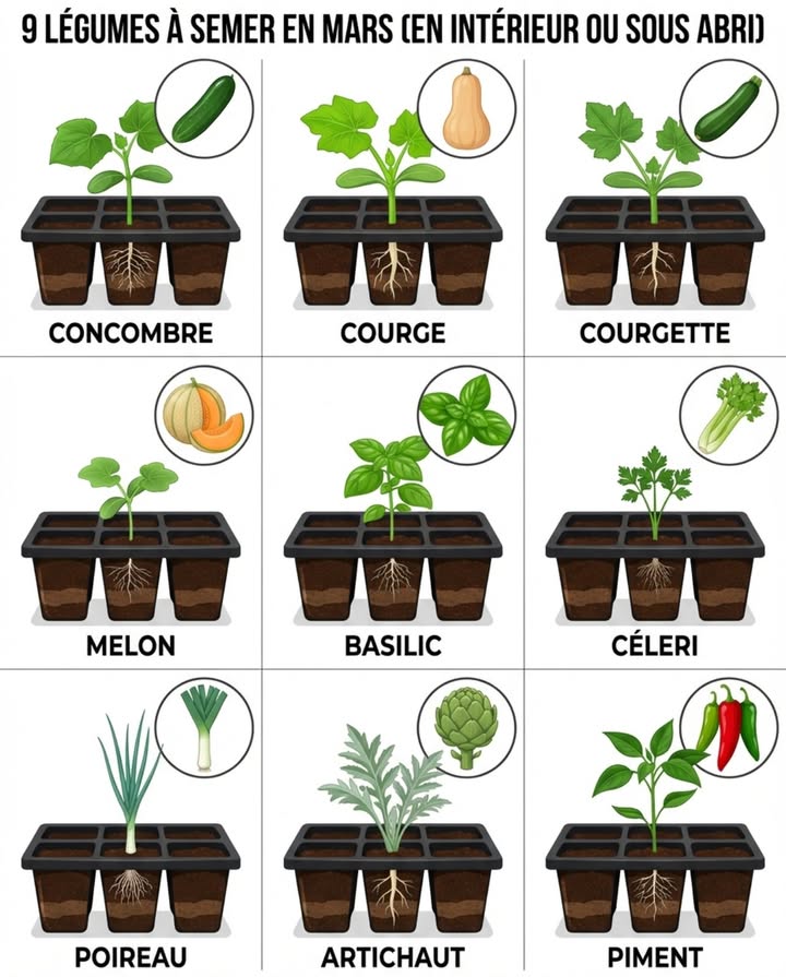 9 légumes à semer en mars
En intérieur ou sous abri

Mars ouvre la saison des semis avec des températures légèrement plus clémentes et des jours qui sallongent. Commencer les semis maintenant sous lampes ou en serre donne aux plantes lavance nécessaire pour les récoltes dété et dautomne.

Concombre – Commencer en intérieur 3 à 4 semaines avant la fin des gelées, nécessite chaleur constante 21-24C et humidité élevée pour germination rapide

Courge – Commencer en intérieur 2 à 3 semaines avant repiquage, germination rapide nécessitant sol chaud 21C et espace pour croissance vigoureuse

Courgette – Commencer en intérieur 3 à 4 semaines avant plantation extérieure, croissance rapide demandant chaleur et lumière forte dès germination

Melon – Commencer en intérieur 3 à 4 semaines avant la fin des gelées, nécessite chaleur 24-27C et protection contre chocs de transplantation

Basilic – Commencer en intérieur 6 à 8 semaines avant plantation extérieure, germination lente nécessitant chaleur constante 21-24C et humidité

Céleri – Commencer en intérieur 10 à 12 semaines avant repiquage, graines minuscules demandant surface de semis fine et lumière pour germination

Poireau – Commencer en intérieur 8 à 10 semaines avant plantation printanière, croissance lente nécessitant patience et lumière adéquate constante

Artichaut – Commencer en intérieur 8 à 12 semaines avant repiquage, variété vivace demandant démarrage précoce pour récolte la première année

Piment – Commencer en intérieur 8 à 10 semaines avant la fin des gelées, germination lente nécessitant chaleur 24-27C et lumière forte continue

Mars marque laccélération des semis  les jours rallongent et la lumière naturelle soutient mieux la croissance des plants.