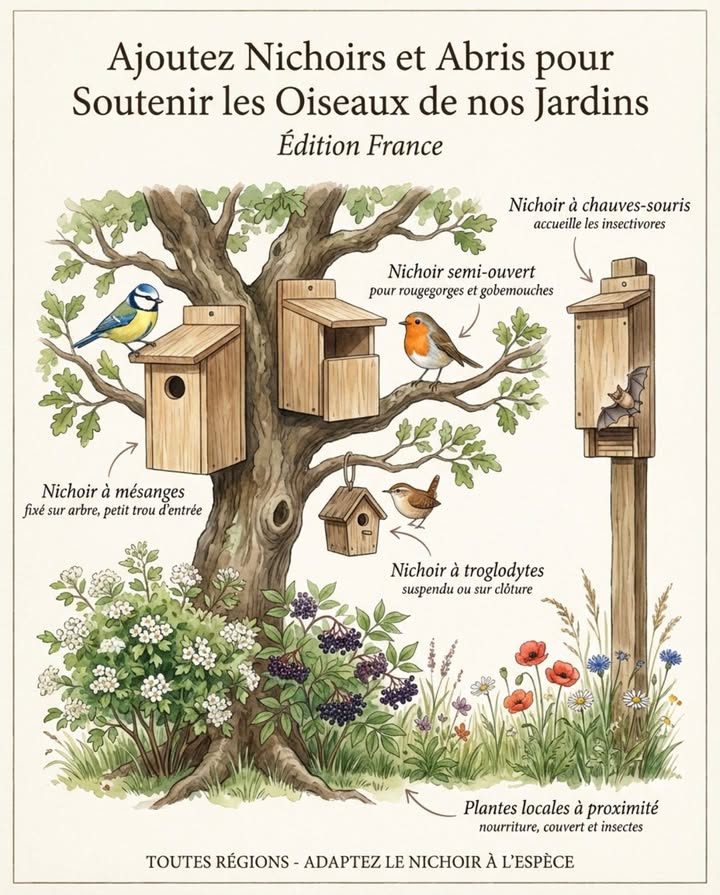 Ajoutez Nichoirs et Abris pour Soutenir les Oiseaux de nos Jardins
Édition France

Des nichoirs bien conçus offrent des sites de nidification sûrs là où les cavités naturelles manquent.

Adaptés à toutes les régions de France lorsquils sont associés à des plantes locales et un emplacement approprié.

– Nichoir à mésanges  fixé sur un arbre, petit trou dentrée 28-32 mm pour mésanges bleues et charbonnières
– Nichoir semi-ouvert  pour rougegorges et gobemouches gris qui préfèrent une entrée dégagée
– Nichoir à troglodytes  très petit trou dentrée 25 mm, suspendu ou fixé sur clôture
– Nichoir à chauves-souris bonus  accueille les chauves-souris insectivores qui protègent les jardins
– Arbustes indigènes à proximité  fournissent couvert, insectes et sources de nourriture naturelles

Quand les nichoirs sont adaptés aux espèces et bien placés, les oiseaux reviennent année après année.