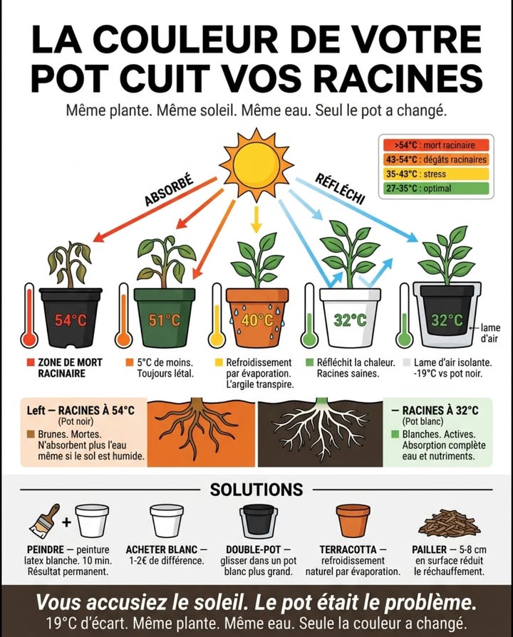 Le pot noir en plein soleil de juillet atteint des températures qui détruisent les poils absorbants des racines. La plante au-dessus flétrit. On ajoute de leau  mais les racines ne peuvent plus labsorber. On accuse le soleil ou le rythme darrosage. On na jamais regardé le pot. 

Les températures comparées sous le même soleil conversions depuis source US :
Pot noir  substrat à 54C  zone de mort racinaire.
Pot vert foncé  51C  légèrement moins, toujours létal en pic de chaleur.
Terracotta  40C  refroidissement par évaporation, largile transpire comme la peau.
Pot blanc  32C  réfléchit la lumière, racines fonctionnelles.
Double-pot pot noir à lintérieur dun pot blanc  32C  même résultat, sans rempotage.

Trois solutions sans rempotage :
Double-pot  glisser le pot sombre à lintérieur dun pot blanc légèrement plus grand, lame dair entre les parois. Chute de température immédiate.
Peindre le pot  une couche de peinture latex blanche extérieure sur un pot noir change complètement son comportement thermique. 10 minutes, résultat permanent.
Pailler la surface du substrat  5 à 8 cm de paille ou de copeaux à lintérieur du pot réduit le réchauffement de surface et ralentit lévaporation entre deux arrosages. 

La plante perdue lété dernier nétait peut-être pas en manque deau. Elle était peut-être en surchauffe racinaire.

#potsCulture #chaleurEstivale #jardinage #plantesEnPots 華