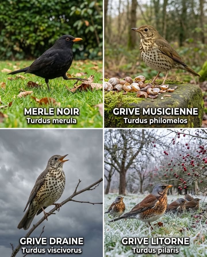 On les regroupe sous le nom  grives  ou  merles , mais les oiseaux bruns ou noirs qui retournent les feuilles mortes sous la haie et chantent au sommet de larbre le plus haut du jardin sont quatre espèces distinctes  avec des chants, des régimes et des comportements si différents que les confondre revient à dire quun violoncelliste et un batteur font le même métier parce quils jouent tous les deux de la musique. 

4 GRIVES ET MERLES COMMUNS DU JARDIN FRANÇAIS

Merle noir Turdus merula  Le plus familier 25 cm. Le mâle est entièrement noir avec un bec orange vif et un cercle oculaire orange  impossible à confondre. La femelle est brun foncé uniforme avec un bec sombre, souvent confondue avec une grive par les débutants  mais elle est plus sombre, plus uniforme et sans taches pectorales nettes. Le merle fouille bruyamment la litière de feuilles en les projetant sur un mètre avec ses pattes  le bruit de grattage sous la haie au crépuscule, cest lui dans 80 % des cas. Chant : le plus mélodieux du jardin français  phrases lentes, flûtées, improvisées, depuis le point le plus haut antenne, faîtage, cime darbre. Chaque mâle compose des phrases uniques quil ne répète jamais à lidentique. Chante de mars à juillet dès laube et au crépuscule  souvent le premier et le dernier oiseau de la journée. Le merle est sédentaire  le même individu occupe le même jardin pendant toute sa vie 5 à 7 ans en moyenne.

Grive musicienne Turdus philomelos  La chanteuse 22 cm. Dos brun olive chaud, poitrine crème densément tachetée de points noirs en forme de cœur inversé ou de flèche  les taches sont nettes, régulières et bien dessinées différent de la grive draine dont les taches sont plus rondes et plus irrégulières. Le ventre est blanc crème. Critère didentification comportemental unique : la grive musicienne est le seul oiseau du jardin qui casse les escargots sur une pierre-enclume. Elle revient toujours à la même pierre  on trouve autour de cette  forge  des dizaines de coquilles brisées accumulées sur la saison. Chant : puissant, clair, et surtout RÉPÉTITIF  chaque motif est chanté deux à trois fois de suite avant de passer au suivant.  Ti-tu ti-tu ti-tu  didi didi didi  tro-lo tro-lo tro-lo . Ce pattern de répétition est le critère didentification le plus fiable  aucun autre oiseau du jardin ne répète ses phrases aussi systématiquement. Chante depuis un perchoir élevé et exposé, souvent dès février.

Grive draine Turdus viscivorus  La plus grande 27 cm, nettement plus grande que la musicienne. Dos brun-gris froid pas chaud comme la musicienne, poitrine blanc-crème avec de grosses taches rondes et irrégulières pas en forme de cœur. Allure plus dressée, plus élancée, comportement plus farouche  se tient souvent en haut des arbres et dans les grandes pelouses ouvertes, rarement sous la haie. Son nom dit tout  elle consomme le gui viscum dont elle disperse les graines collantes sur les branches en sessuyant le bec. La grive draine est la principale responsable de la propagation du gui dans les vergers et les peupliers de France. Chant : phrases courtes et mélancoliques rappelant le merle mais plus simples, plus lentes et souvent chantées par temps de pluie ou de vent fort  doù son surnom anglais  stormcock  le coq de lorage. La grive draine chante quand les autres se taisent.

Grive litorne Turdus pilaris  La voyageuse 25 cm. Tête et croupion gris-bleu, dos brun-roux vif, poitrine roussâtre barrée de taches noires en chevrons pas en points comme la musicienne, pas en ronds comme la draine. La combinaison tête grise  dos roux  poitrine rousse est unique parmi les grives françaises. Migratrice hivernale  elle arrive du nord et de lest de lEurope en octobre-novembre par groupes de dizaines à centaines dindividus et repart en mars-avril. En hiver, les litornes envahissent les vergers, les haies à baies aubépine, prunellier, sureau, gui et les prairies humides. Leur vol en groupe serré et ondulant au-dessus des champs est un spectacle hivernal typique. Cri en vol : un  tchac tchac tchac  sec et répétitif  le bruit de fond des campagnes françaises de novembre à mars. La grive litorne défend collectivement les arbres à baies  le groupe entier attaque les intrus pies, corneilles, buses par des piqués coordonnés et des bombardements de fientes  une stratégie de défense documentée et unique parmi les passereaux européens.

COMMENT LES DISTINGUER EN UNE SECONDE :

La couleur tranche dabord. Entièrement noir mâle ou brun foncé uniforme femelle = merle noir. Brun chaud dessus, taches en cœur nettes dessous = grive musicienne. Gris froid dessus, grosses taches rondes = grive draine. Tête grise, dos roux, poitrine roussâtre barrée = grive litorne.

Le chant tranche ensuite mars-juillet. Phrases flûtées improvisées, jamais répétées = merle noir. Motifs répétés 2-3 fois systématiquement = grive musicienne. Phrases courtes mélancoliques par temps de pluie = grive draine. En hiver,  tchac tchac tchac  en groupe = grive litorne.

Le comportement confirme. Retourne les feuilles bruyamment sous la haie = merle noir. Casse des escargots sur une pierre fixe = grive musicienne. Perchée haut, dressée, farouche, dans les grands arbres = grive draine. En groupe serré dans un verger ou une prairie en hiver = grive litorne.

Quatre espèces, quatre chants, quatre comportements. Le merle compose. La musicienne répète. La draine défie lorage. La litorne voyage en armée. Chacune occupe une saison, un étage de la haie et une niche alimentaire que les trois autres ne touchent pas. 

#GrivesDeFrance #MerleNoir #ReconnaîtreLesOiseaux #OiseauxDuJardin