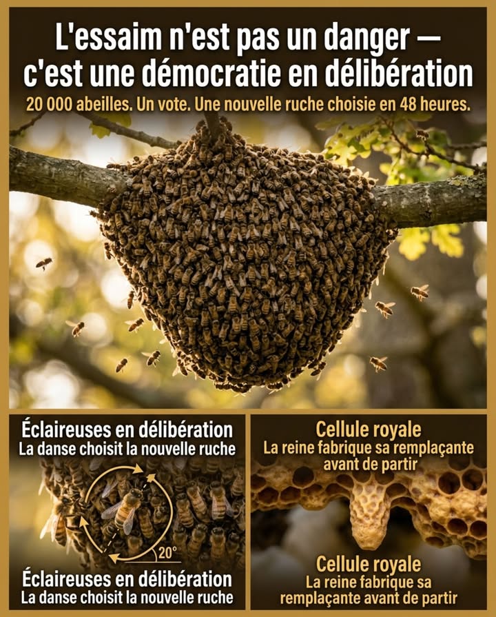 La reine ne choisit pas sa ruche  elle la crée. Et quand la colonie devient trop dense, elle part sans se retourner avec la moitié des abeilles. Cest lessaimage  le seul moment où une ruche se reproduit.

 Ce qui se passe réellement pendant un essaimage

Trois semaines avant le départ, la colonie élève des cellules royales  des loges spéciales en forme de gland accrochées en bas des cadres. La reine pond dans ces cellules. Ce sont ses propres remplaçantes quelle fabrique avant de partir.

Le jour de lessaimage, la reine sort avec 10 000 à 20 000 ouvrières  la moitié exacte de la colonie. Elles se posent en grappe compacte sur une branche dans les 50 mètres de la ruche et attendent. Ce nest pas un comportement agressif  une abeille sans ruche à défendre ne pique presque jamais.

Pendant que la grappe attend, des éclaireuses partent dans toutes les directions chercher une nouvelle cavité. Elles reviennent danser pour indiquer les sites quelles ont trouvés  la même danse en huit que pour les fleurs, mais utilisée pour décrire lentrée dun creux darbre ou dune cavité de mur. La colonie vote par le nombre de danseuses : le site qui convainc le plus déclaireuses gagne.

La décision peut prendre de deux heures à trois jours. Quand le consensus est atteint, la grappe entière senvole dun seul mouvement vers sa nouvelle maison  à parfois 3 kilomètres de distance.

Dans la ruche dorigine, la première jeune reine à éclore tue ses sœurs encore dans leurs cellules, saccouple en vol avec 10 à 20 mâles et reprend la ponte en quelques jours.

La colonie sest scindée en deux entités viables  sans perdre une seule abeille, sans plan, sans chef.

Un essaim posé sur une branche nest pas un danger. Cest une démocratie en délibération. 

#EssaimageAbeilles #AbeilleDomestique #PollinisateursFrance #ApiultureFrance