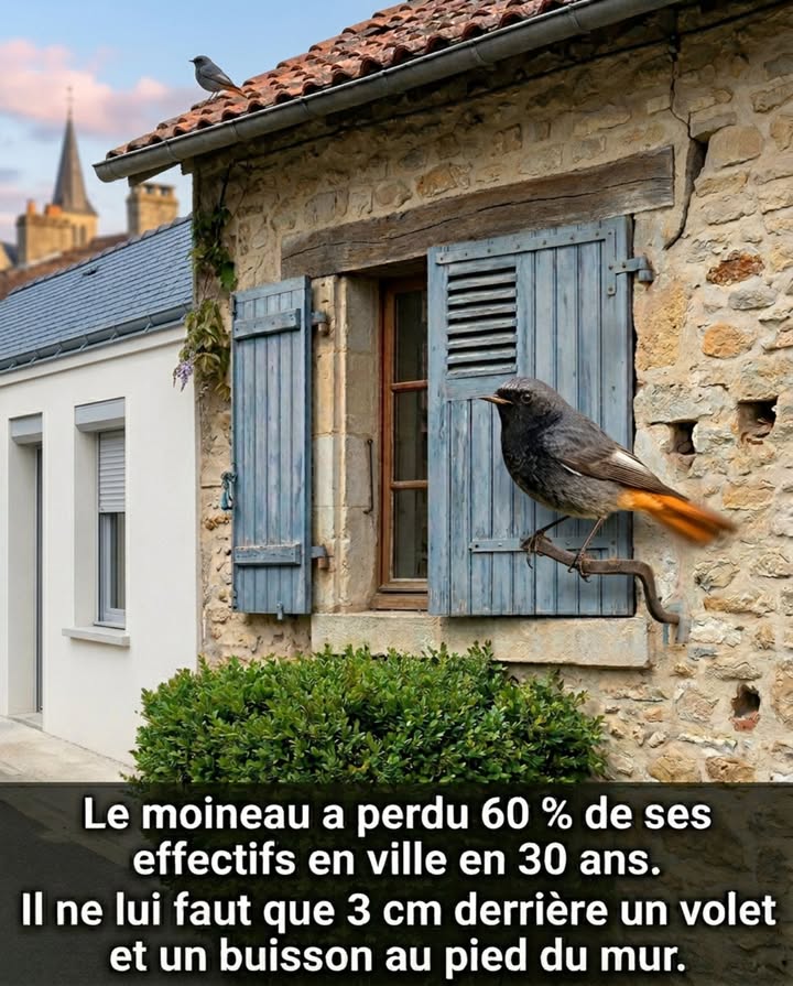 Chaque printemps, un petit oiseau noir à queue orange vibrante se poste sur le rebord de la fenêtre de la salle de bain, sur le faîtage du garage ou sur lantenne du toit  et chante un grésillement métallique à 5h30 du matin pendant que le quartier dort encore. Le propriétaire le voit chaque jour sans savoir ce que cest. Le maçon qui vient reboucher la fissure du mur le lendemain ne sait pas non plus que cette fissure contenait cinq œufs blancs sur un lit de mousse et de crins  et que loiseau qui chantait sur le toit était le père. 

ROUGEQUEUE NOIR Phoenicurus ochruros  CE QUE LA LOI DIT

Le rougequeue noir est protégé par larticle L411-1 du Code de lenvironnement  détruire, déplacer ou déranger un nid occupé est un délit. Comme pour le moineau et le martinet, la protection couvre lespèce ET le site de reproduction. La fissure dans le mur, le recoin derrière le compteur électrique, lespace entre le tuyau de descente et la façade  chaque anfractuosité utilisée par un rougequeue noir pour nicher est protégée par la loi pendant la période de nidification. Les sanctions sont identiques : jusquà 150 000 euros damende et 3 ans demprisonnement.

CE QUE LE ROUGEQUEUE NOIR FAIT QUE PERSONNE NE REMARQUE

Le rougequeue noir est un insectivore pur. Il chasse à laffût depuis un point haut  faîtage, antenne, poteau, sommet de mur  et plonge au sol pour capturer mouches, araignées, chenilles, fourmis ailées, coléoptères et moustiques. Un couple avec des poussins au nid effectue plus de 500 allers-retours par jour entre le perchoir et le nid  chaque trajet est un insecte capturé et livré. Deux couvées par saison, cinq à six œufs chacune. La première ponte commence dès mi-avril, la seconde fin juin. Sur une saison complète, un seul couple de rougequeues noirs élimine entre 15 000 et 20 000 insectes.

Le rougequeue noir est le premier oiseau à chanter le matin  avant le merle, avant le rouge-gorge, avant la mésange. Son chant commence dans lobscurité totale, parfois trente minutes avant laube. Le chant est reconnaissable entre mille : un début grinçant et métallique, comme du papier froissé ou du gravier secoué dans une boîte, suivi dun trille court et dun silence. Ce son bizarre et mécanique qui réveille le quartier à 5h en mai, cest lui  posté sur le point le plus haut du bâtiment, queue vibrante, proclamant son territoire dans le noir.

POURQUOI IL DISPARAÎT DES VILLES

Le rougequeue noir est loiseau des murs  pas des arbres, pas des haies, pas des nichoirs à trou rond. Son habitat naturel dorigine est la falaise rocheuse  il a colonisé les constructions humaines parce que les bâtiments sont des falaises artificielles qui offrent les mêmes anfractuosités. Son nid est une coupe de mousse, de radicelles et de crins posée dans un recoin ouvert  pas dans un trou fermé. Il a besoin de voir lextérieur depuis le nid et de pouvoir senvoler horizontalement en cas de danger. Un nichoir fermé avec un trou rond sera toujours refusé.

Les sites de nidification typiques sont des rebords de mur protégés par un surplomb, des fissures larges dans les façades anciennes, des espaces derrière les tuyaux de descente, des recoins dans les compteurs EDF extérieurs, des angles de poutres sous les auvents, des anfractuosités dans les murs de pierres sèches. Chaque geste de rénovation qui lisse une façade, rebouche une fissure, remplace un élément saillant ou supprime un recoin fait disparaître un site potentiel.

Le rougequeue noir na pas besoin de haie, de jardin sauvage ni de prairie. Il chasse sur les terrasses, les toits plats, les parkings, les cours, les zones pavées. Cest loiseau des milieux minéraux  le plus urbain de tous les nicheurs de France après le moineau. Un rougequeue noir peut vivre et se reproduire sur un immeuble en centre-ville sans un seul arbre dans un rayon de 200 mètres  à condition que le mur ait un recoin.

CE QUE PEUT FAIRE UN PROPRIÉTAIRE

Le demi-nichoir  la solution la plus simple. Cest une boîte OUVERTE sur la face avant  un plancher, deux côtés, un toit et un dos, mais la façade est ouverte sur la moitié supérieure ou sur toute la largeur. Dimensions : 15  15 cm de base, 15 cm de hauteur. Le toit dépasse de 5 cm en avant pour protéger de la pluie. Le tout en bois brut non traité.

Le critère qui fait la différence : louverture frontale doit représenter au moins la moitié de la face avant. Le rougequeue noir refuse catégoriquement les trous ronds type mésange. Il a besoin dun accès large, dune vue dégagée sur lextérieur et dune possibilité de fuite horizontale. Un nichoir fermé avec un trou de 32 mm restera vide indéfiniment  cest lerreur la plus fréquente.

Fixer le demi-nichoir sous lavancée dun toit, sous un balcon, dans langle dun mur protégé par un débord, sur une poutre sous un auvent. Hauteur : 2 à 4 mètres. Orientation est ou nord-est  jamais plein sud surchauffe en juin. Éviter les emplacements accessibles aux chats.

Le calendrier : installer en novembre-février. Le mâle commence à prospecter les sites de nidification dès les premières journées douces de mars. Le rougequeue noir est lun des oiseaux les plus rapides à adopter un nichoir neuf  loccupation la première saison est fréquente, parfois dès les premières semaines.

Le simple fait de ne pas reboucher une fissure. Avant de colmater une fissure dans un mur extérieur entre mars et août, lobserver pendant cinq minutes. Un rougequeue noir qui entre et sort dune fissure avec de la nourriture dans le bec signale un nid actif  ne pas reboucher avant septembre. Le coût de cette inaction : zéro euro. Le bénéfice : 15 000 insectes en moins dans le quartier.

UN OISEAU QUON RECONNAÎT EN UNE SECONDE

Le rougequeue noir mâle est noir ardoisé avec une queue orange vif quil fait vibrer en permanence  un tremblement rapide et constant, comme un signal lumineux. La femelle est gris-brun terne mais porte la même queue orange vibrante. Ce mouvement de queue est la signature instantanée de lespèce  aucun autre oiseau du jardin ne fait vibrer sa queue de cette manière. Si un petit oiseau posé sur un mur fait trembler une queue orange, cest un rougequeue noir. Lidentification prend une demi-seconde.

Le rougequeue noir ne demande pas un jardin. Il ne demande pas une haie. Il ne demande pas un nichoir sophistiqué. Il demande un recoin dans un mur  trois centimètres de profondeur, un surplomb de cinq centimètres et la paix pendant trois mois. Le même recoin que le maçon rebouche en vingt secondes parce que  ça fait sale . 

#RougequeueNoir #NidsProtégés #DemiNichoir #OiseauxDesMurs #BiodiversitéUrbaine