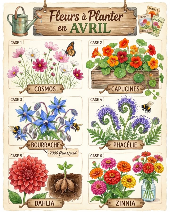 Avril libère tout. Les dernières gelées séloignent, le sol se réchauffe, et les semis directs deviennent possibles  six plantes qui transforment le jardin en quelques semaines. 

Pour une couleur immédiate à zéro effort : le cosmos se sème directement en terre, germe en une semaine et fleurit en huit. Plus on le coupe, plus il refleurit  un seul semis fournit des bouquets de juin aux gelées. La capucine pousse dans nimporte quel sol, même pauvre  ses fleurs sont comestibles et ses feuilles attirent les pucerons loin des légumes.

Pour les pollinisateurs : la bourrache produit deux mille fleurs par pied. Chaque fleur recharge son nectar toutes les deux minutes  cest le distributeur automatique des abeilles. Elle se ressème seule lannée suivante. La phacélie fleurit en six semaines après le semis, attire tous les pollinisateurs et étouffe les adventices  le meilleur engrais vert du potager.

Pour la fin dété et lautomne : planter les tubercules de dahlia en avril pour une explosion de couleur daoût à octobre. Le zinnia se sème directement après les dernières gelées  couleurs tropicales, tiges droites parfaites pour les bouquets, floraison jusquaux premières gelées.

Astuce avril : semer en lignes et non à la volée  les jeunes pousses se distinguent plus facilement des adventices quand elles émergent en rang. 

#fleursAvril #jardinPrintemps #semerEnDirect #jardinage