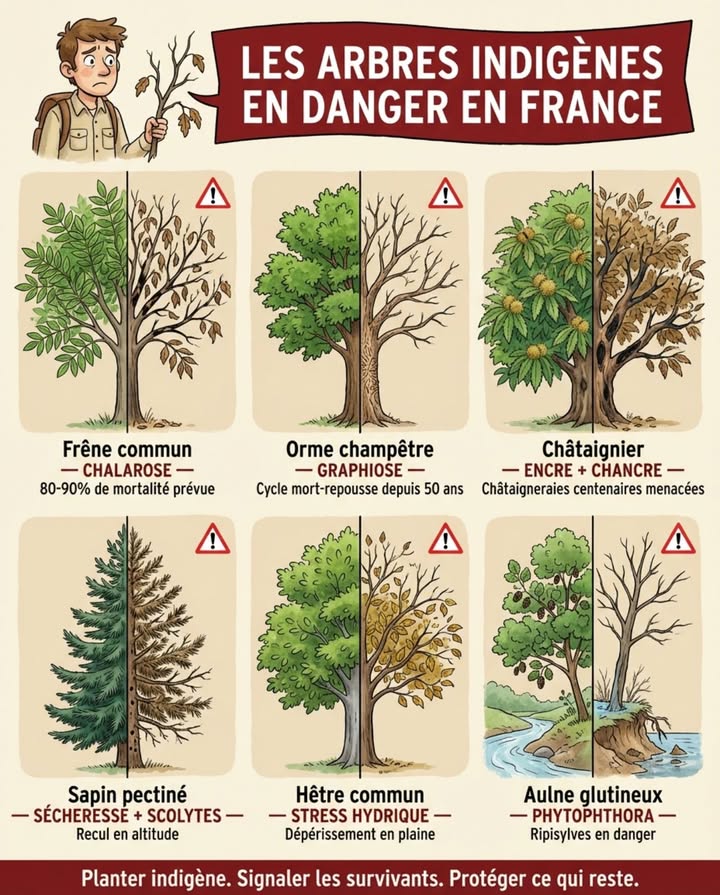 Six des douze arbres indigènes de France sont en danger. Pas dans un siècle  maintenant. Les maladies arrivent plus vite que les arbres ne peuvent évoluer, et le climat change plus vite que les forêts ne peuvent migrer.

Le frêne commun est le cas le plus urgent. La chalarose  un champignon microscopique originaire dAsie  est arrivée en France par lEst en 2008. En quinze ans, elle a contaminé la quasi-totalité du territoire. Le champignon attaque les jeunes pousses, nécrose les branches et finit par tuer larbre en quelques années. Les frênaies de vallée qui bordaient chaque rivière de France sont en train de mourir à vue dœil. Les estimations actuelles prévoient la disparition de 80 à 90 % des frênes européens. Certains individus montrent une résistance naturelle  ce sont eux quil faut identifier, protéger et utiliser comme géniteurs pour les reboisements futurs.

Lorme champêtre vit un cycle tragique depuis cinquante ans. La graphiose, un champignon transporté par un scolyte, a éliminé la quasi-totalité des grands ormes de France dans les années 1970-1980. Les jeunes repousses survivent depuis les souches  elles grandissent jusquà 15-20 cm de diamètre, atteignent lâge de produire lécorce épaisse qui attire le scolyte, et meurent à leur tour. Génération après génération, les ormes repoussent et meurent sans jamais redevenir des arbres adultes.

Le châtaignier subit une double attaque : la maladie de lencre Phytophthora qui détruit les racines, et le chancre de lécorce Cryphonectria parasitica qui ceinture le tronc. Les châtaigneraies centenaires des Cévennes, de Corse et du Limousin  qui ont nourri des populations entières pendant des siècles  séclaircissent dannée en année. Certains arbres résistent naturellement et portent des cicatrices de chancres guéris  ces survivants sont les plus précieux.

Le sapin pectiné  le seul vrai sapin indigène de France  recule en altitude et vers le nord. Les étés chauds et secs de plaine affaiblissent les arbres qui deviennent vulnérables aux scolytes. Les sapinières de basse altitude des Vosges et du Jura sont les premières à disparaître. En montagne, le sapin remonte denviron 30 mètres daltitude par décennie  mais la montagne a une limite.

Le hêtre, qui dominait les forêts du centre et de lest, souffre de stress hydrique chronique. Les sécheresses estivales répétées épuisent ses réserves et provoquent des dépérissements massifs en plaine. Le hêtre est larbre tempéré le plus sensible à la sécheresse  son feuillage dense transpire plus quil ne peut se permettre quand leau manque.

Laulne glutineux est attaqué par Phytophthora alni  un oomycète qui détruit le système racinaire. Les aulnaies de bord de rivière  les ripisylves qui protègent les berges et filtrent leau  meurent debout, les pieds dans leau. Leur disparition accélère lérosion des berges et la dégradation de la qualité des cours deau.

Ce que chacun peut faire : planter des essences indigènes locales plutôt que des ornementaux importés. Signaler les frênes et ormes survivants en bonne santé aux conservatoires botaniques régionaux  ces individus résistants sont la matière première de la forêt de demain. Ne pas déplacer de bois non écorcé entre régions  les scolytes et les champignons voyagent dans le bois de chauffage.

Les arbres indigènes ne disparaissent pas en silence  ils crient, mais il faut savoir lire les houppiers qui séclaircissent et les branches qui sèchent.

#ArbresEnDanger #ForêtFrançaise #Chalarose #BiodiversitéMenacée