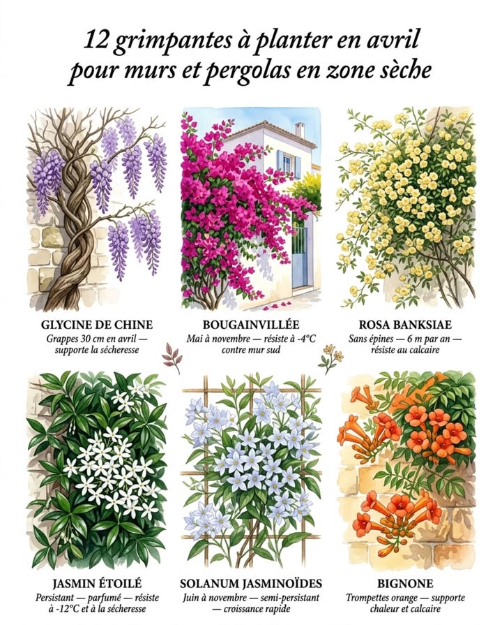 12 grimpantes à planter en avril pour habiller murs et pergolas en zone sèche et méditerranéenne.

Avril est le mois idéal pour installer les grimpantes résistantes à la chaleur et à la sécheresse : les racines sétablissent profondément avant lété et la plante affrontera les premières canicules avec des réserves solides.

 Grimpantes résistantes à la chaleur  floraison printanière
Glycine de Chine  Grappes violet-mauve de 30 cm en avril avant les feuilles. Tolère des sécheresses prolongées une fois enracinée. Exige un support solide : ses tiges ligneuses atteignent 20 cm de diamètre en vingt ans.
Bougainvillée  Bractées rose-magenta-orange de mai à novembre en région méditerranéenne. Résiste à -4C contre un mur abrité exposé plein sud. Aucun arrosage nécessaire après la troisième saison.
Rosa banksiae  Rosier sans épines à minuscules fleurs jaune crème en avril-mai. Croissance de 6 mètres par an, couvre une façade entière en trois saisons. Résiste à la sécheresse et au calcaire.

 Grimpantes résistantes  floraison estivale
Bignone  Trompettes orange de juillet à octobre, supporte la chaleur intense et les sols secs et calcaires une fois installée.
Jasmin de Virginie  Fleurs tubulaires rouge orangé de juillet à septembre, résistant à -15C. Moins envahissant que la bignone.
Solanum jasminoïdes  Étoiles blanches bleutées de juin à novembre en situation abritée. Feuillage semi-persistant, croissance rapide, tolère la sécheresse estivale.

 Grimpantes persistantes résistantes à la chaleur
Trachelospermum jasminoïdes  Jasmin étoilé persistant au parfum intense, résiste à -12C, tolère la sécheresse et le calcaire mieux que tout autre grimpante persistante.
Ficus pumila  Couvre les murs verticaux en tapis dense, persistant, supporte la chaleur et la sécheresse en exposition sud.
Ampelopsis glandulosa  Feuillage découpé spectaculaire, baies bleu-turquoise en automne, résiste à la chaleur et au calcaire.

Astuce jardinier : en zone sèche, arroser abondamment une fois par semaine pendant le premier été plutôt que légèrement tous les jours  les racines suivent leau en profondeur et la plante sera autonome dès la deuxième saison.

#GrimpantesSécheresse #MediterranéeJardin #JardinNaturel #PlanterEnAvril