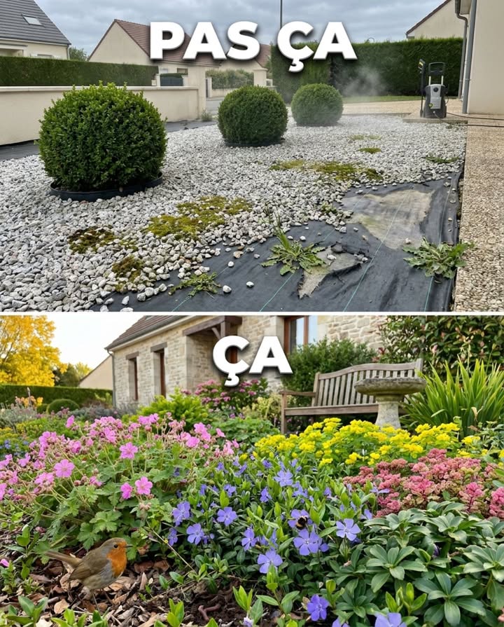 Les jardins minéraux en gravier et toile de plantation dans les lotissements, cest un désert qui ressemble à de lentretien. Pas une racine vivante, pas un ver de terre, pas une goutte deau absorbée  juste une surface imperméable déguisée en jardin qui chauffe en été, ruisselle en hiver et coûte plus cher que ce quelle remplace au bout de cinq ans.
Les massifs couvre-sol sur la même surface, cest autre chose. Là où un propriétaire ou une commune plante des vivaces tapissantes au lieu de dérouler du géotextile et de verser du gravier, le sol reste vivant sous le feuillage. Les racines structurent la terre. Les feuilles mortes nourrissent les vers. Leau de pluie sinfiltre au lieu de ruisseler vers le trottoir. La même superficie, mais lun est un couvercle et lautre est un écosystème.
Le jardin minéral a été promu dans les jardineries françaises à partir des années 2010 pour un seul argument : zéro entretien. Largument est faux. La toile de paillage se dégrade en trois à cinq ans sous les UV  elle se fragmente en lambeaux de plastique qui se mêlent au sol et ne se retirent jamais complètement. Le gravier accumule les feuilles mortes, les mousses et les algues en surface  il verdit, noircit et demande un nettoyage haute pression annuel. Les mauvaises herbes percent la toile par les moindres trous et senracinent dans le gravier lui-même, devenant plus difficiles à arracher que dans un sol nu. En cinq ans, le jardin  zéro entretien  demande plus de travail quun massif planté  et il ne produit toujours rien.
Le problème invisible est en dessous. La toile de plantation bloque les échanges gazeux entre le sol et latmosphère. Les vers de terre meurent en quelques mois faute dapport de matière organique en surface. Le réseau mycorhizien disparaît. Le sol sous la bâche devient compact, anaérobie et biologiquement mort. Retirer la toile après cinq ans révèle une terre grise et collante qui ne ressemble plus à du sol  la reconstruire prend des années.
Un massif couvre-sol sur la même surface demande : préparer le sol une fois, planter des vivaces tapissantes adaptées à lexposition et les pailler avec du BRF ou des feuilles mortes la première année. Cinq espèces couvre-sol qui ferment le sol en une saison sans laisser passer les adventices : géranium macrorrhizum feuillage aromatique persistant, fleurs roses en mai, couvre 60 cm par pied en un an, pachysandra terminalis persistant en ombre totale, tapis dense vert foncé, vinca minor petite pervenche, fleurs bleu-violet de mars à juin, court sur le sol en tous sens, waldsteinia ternata feuillage semi-persistant, fleurs jaunes, excellent en ombre sèche, sedum spurium succulent tapissant pour plein soleil, fleurs roses en été, résiste à la sécheresse complète.
Le coût dinstallation est comparable. Un godet de vivace couvre-sol coûte entre 2 et 4 euros  six godets par mètre carré ferment la surface en une saison pour 12 à 24 euros. Un mètre carré de toile de plantation  gravier décoratif coûte entre 15 et 30 euros et dure cinq ans avant de se dégrader. Sur dix ans, le massif couvre-sol coûte moins cher, ne produit aucun déchet plastique et prend de la valeu