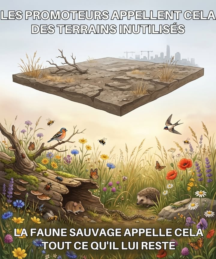 Les promoteurs appellent ces espaces des terrains inutilisés.
Pour la faune sauvage, ils représentent souvent tout ce quil reste.

Les friches, les zones non entretenues et les terrains laissés à létat naturel fournissent nourriture, abri et sites de reproduction à de nombreuses espèces.
Les herbes hautes protègent les petits mammifères.
Les fleurs spontanées nourrissent les pollinisateurs.
Le bois mort et les tas de branches deviennent des refuges essentiels.

Ce qui paraît vide ou négligé pour lhumain est souvent indispensable à léquilibre des écosystèmes locaux.