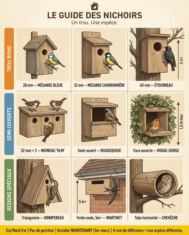 Tout se joue sur un chiffre : le diamètre du trou dentrée. 28 mm et la mésange bleue entre. 32 mm et cest la charbonnière. 45 mm et létourneau expulse tout le monde. Quatre millimètres de différence entre une mésange protégée et une mésange sans logement. 

TROU ROND
28 mm  Mésange bleue. Hauteur 2-4 m. Elle choisit un trou étroit précisément pour bloquer la charbonnière.
32 mm  Mésange charbonnière. Le nichoir le plus occupé de France. En lisière de bois ou jardin arboré, 2-4 m.
45 mm  Étourneau sansonnet. 4 m minimum, zone dégagée. Il a perdu beaucoup de sites en ville  un nichoir bien placé le ramène.

SEMI-OUVERT
32 mm  3 côte à côte  Moineau domestique. Le moineau ne niche pas seul. Minimum 3 compartiments sous un toit. Grégaire ou rien.
Ouverture rectangulaire  Rougequeue à front blanc. Mur ou avant-toit, 2-4 m. Pas de cavité totalement fermée.
Face avant ouverte  Rouge-gorge. Boîte ouverte devant, 1,5 m maximum, caché dans le lierre ou la vigne vierge. Visible et exposé = vide.

DESIGNS SPÉCIAUX
Triangulaire plat contre tronc  Grimpereau. Imite une écorce décollée, entrée latérale, fixé verticalement sur un grand arbre.
Fente ovale peu profonde  Martinet noir. 5 m minimum sous corniche, accès direct au ciel. Par 2 ou 3  oiseau colonial.
Tube horizontal 80-100 cm  Chevêche dAthéna. Imite une cavité de branche creuse. Grands jardins avec vieux fruitiers.

Trois règles pour tous : Est ou Nord-Est  jamais plein sud. Pas de perchoir sous le trou. Installez maintenant  les oiseaux prospectent les sites en ce moment. 

#NichoirsOiseaux #OiseauxDeFrance #JardinNaturel #BiodiversitéAuJardin