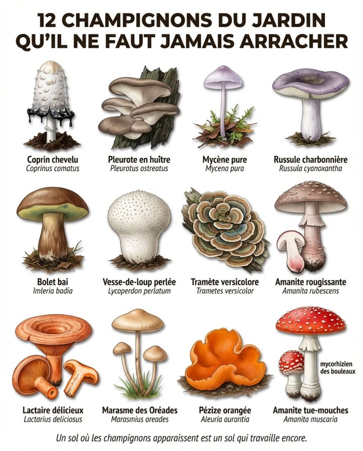 Ils apparaissent après la pluie, au pied des arbres ou en cercle dans la pelouse. La plupart des jardiniers les arrachent, les écrasent ou sinquiètent dune maladie. Cest exactement le contraire  leur présence signale un sol qui fonctionne.

Les champignons visibles ne sont que la partie émergée. Sous chaque chapeau, un réseau de filaments appelé mycélium sétend parfois sur plusieurs mètres, connectant les racines des plantes entre elles et décomposant la matière organique en nutriments assimilables. Sans eux, les feuilles mortes sempileraient sans jamais devenir du humus, et les arbres perdraient leur principal canal dapprovisionnement en phosphore et en eau.

Coprin chevelu  chapeau blanc en forme dœuf qui noircit en vieillissant. Décomposeur rapide de matière organique dans les sols riches. Son apparition dans le potager confirme que le compost fait son travail.

Pleurote en huître  grappes grises sur bois mort ou souches. Décompose la lignine que personne dautre ne digère et recycle les nutriments piégés dans le bois.

Mycène pure  petit chapeau blanc translucide sur les feuilles mortes. Micro-décomposeur si efficace quune colonie peut recycler une litière entière en quelques semaines.

Russule charbonnière  chapeau gris-violet, commune sous les chênes et les hêtres. Mycorrhizienne  elle échange des minéraux contre du sucre avec les racines de larbre. Les deux ont besoin lun de lautre.

Bolet bai  chapeau brun, pores jaunes virant au bleu au toucher. Partenaire mycorrhizien des conifères et des feuillus, indicateur dun sol forestier en bonne santé.

Vesse-de-loup perlée  sphère blanche couverte de petits picots, libère un nuage de spores à maturité. Décompose les débris végétaux et enrichit les sols pauvres en matière organique.

Tramète versicolore  éventails concentriques multicolores sur les troncs morts. Décomposeur du bois dur, transforme les souches en terreau sans intervention humaine.

Amanite rougissante  chapeau brun-rosé qui rougit à la coupe. Mycorrhizienne des chênes, elle alimente larbre en phosphore que ses racines seules ne pourraient pas capter.

Lactaire délicieux  chapeau orangé avec zones concentriques, lait orange à la coupe. Partenaire obligatoire des pins  sans lui, les jeunes pins peinent à sinstaller.

Marasme des Oréades  petits chapeaux beiges en cercle dans la pelouse, les fameux ronds de sorcières. Le cercle sagrandit chaque année parce que le mycélium progresse en décomposant les racines mortes du gazon. Lherbe pousse plus vert juste derrière lui.

Pézize orangée  coupe orange vif au ras du sol sur terre nue ou remblais. Pionnière qui colonise les sols perturbés et commence le travail de reconstruction biologique là où rien ne pousse encore.

Un jardin où les champignons apparaissent est un jardin où le sol travaille encore. Celui où rien ne pousse au pied des arbres a peut-être déjà perdu son réseau.

#ChampignonsDeJardin #SolVivant #Mycélium #Mycorhizes #JardinNaturel