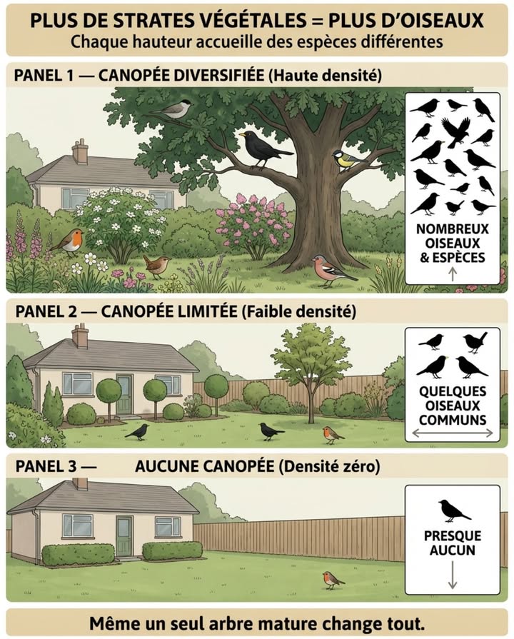 Plus de strates végétales = plus despèces doiseaux. Chaque hauteur accueille des espèces différentes.

Canopée haute : fauvettes, mésanges
Strate intermédiaire : merle noir, grives, rouge-gorge
Arbustes bas : troglodyte mignon, accenteur mouchet, pinson

Actions concrètes : conserver les arbres matures un chêne soutient des centaines despèces dinsectes, ajouter un cornouiller ou sorbier sous un grand arbre, mélanger feuillus et conifères le houx ou lif donnent un abri hivernal, laisser quelques branches mortes sécurisées cavités pour pics et sittelles, planter sureau noir et viorne.

Un arbre mature nourrit plus de vie quune pelouse entière.



#JardinPourOiseaux #BiodiversitéUrbaine #StratesVégétales