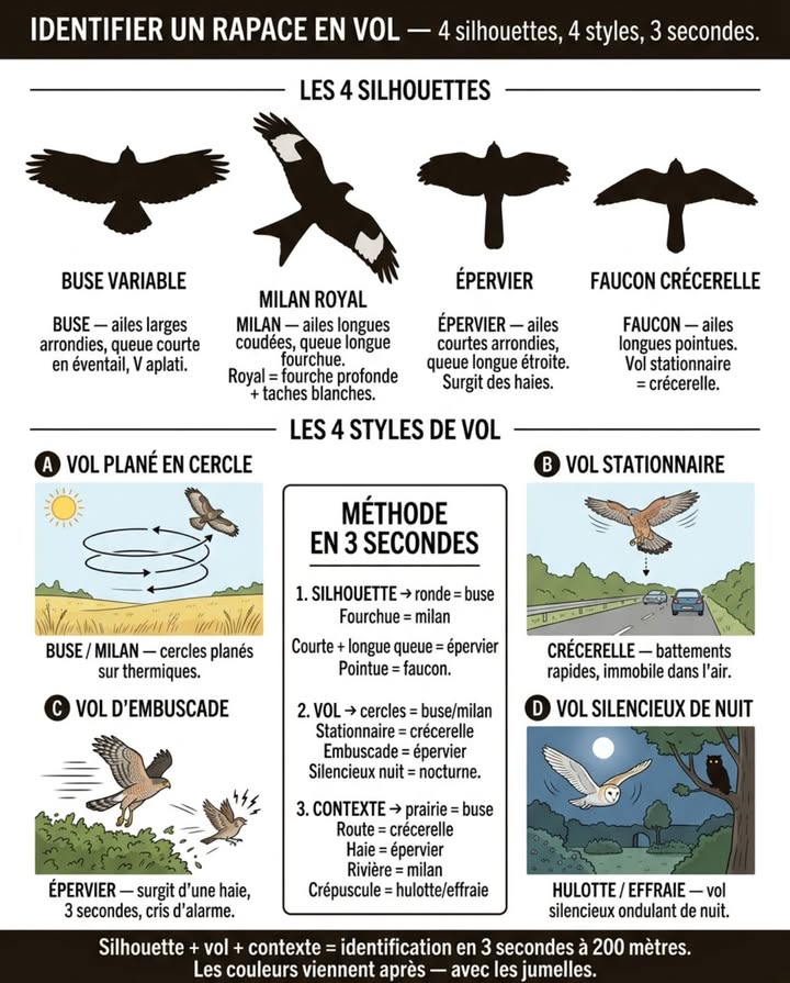 Le portrait ne suffit pas pour identifier un rapace. La majorité des observations se font en vol  à 50, 100 ou 200 mètres de hauteur, souvent en contre-jour, pendant quelques secondes avant que loiseau ne disparaisse derrière les arbres. À cette distance, les couleurs du plumage sont invisibles. Le bec est invisible. Les yeux sont invisibles. Le seul critère fiable est la silhouette  la forme des ailes, la forme de la queue, le style de vol et le comportement.

Reconnaître un rapace en vol ne demande pas de jumelles ni de guide ornithologique. Il demande de retenir quatre silhouettes de base et quatre styles de vol  et de comprendre que la silhouette ET le style ensemble produisent une identification que ni lun ni lautre ne produit seul 礪

LES 4 SILHOUETTES DE BASE :

SILHOUETTE 1  AILES LARGES ET ARRONDIES, QUEUE COURTE ET ARRONDIE

Cest la silhouette de la buse variable  le rapace le plus commun du ciel français. Les ailes sont larges, avec les rémiges les grandes plumes du bout de laile écartées en  doigts  visibles même de loin. La queue est courte et souvre en éventail large pendant le vol plané. Lensemble donne une silhouette massive, trapue et arrondie  comme un plateau volant. En vol plané, les ailes sont légèrement relevées en V aplati  un  dièdre  caractéristique qui sépare la buse de tous les autres rapaces de même taille.

Ce quelle fait en vol : tourne en cercles lents au-dessus des prairies et des lisières, portée par les ascendances thermiques. Monte progressivement en spirale sans battre des ailes  parfois jusquà devenir un point minuscule à 300 mètres daltitude. Plonge brusquement vers le sol quand elle repère un campagnol.

Confusion possible : la bondrée apivore a une silhouette similaire mais avec une tête plus petite et plus proéminente la tête de la buse est presque fondue dans le corps en vol  celle de la bondrée dépasse nettement et une queue plus longue avec des barres sombres bien définies. La bondrée nest présente que de mai à septembre migratrice  si la silhouette est vue en hiver, cest une buse.

SILHOUETTE 2  AILES LONGUES ET COUDÉES, QUEUE LONGUE ET FOURCHUE

Cest la silhouette des milans  noir ou royal. Les ailes sont longues, étroites et nettement coudées au  poignet  le coude de laile est visible de loin. La queue est longue et fourchue  profondément chez le royal les deux pointes sont écartées de 5 à 8 cm, modérément chez le noir la fourche est souvent fermée et ressemble à une encoche. Lensemble donne une silhouette souple, élégante et légèrement tombante  les bouts dailes semblent pointer vers le bas.

Ce quils font en vol : planent en cercles comme la buse mais avec un vol plus souple et plus ondulant. La queue bouge constamment  elle souvre, se ferme, se tord latéralement pour ajuster la trajectoire. Le milan royal est le plus élégant planeur du ciel français  il semble danser dans lair. Le milan noir est plus direct et plus lourd.

Comment distinguer le royal du noir en vol : le royal a des taches blanches sous les ailes visibles de dessous en vol, un corps roux-orangé et une queue profondément fourchue. Le noir est uniformément brun sombre sans tache blanche et sa queue est peu fourchue. Si la fourche est évidente et que des taches blanches sont visibles sous les ailes  cest un royal.

SILHOUETTE 3  AILES COURTES ET ARRONDIES, QUEUE LONGUE ET ÉTROITE

Cest la silhouette de lépervier dEurope et de lautour des palombes, son cousin plus grand et plus rare. Les ailes sont courtes, larges à la base et arrondies au bout  conçues pour la manœuvrabilité entre les branches, pas pour le vol plané longue distance. La queue est longue, étroite et barrée de bandes sombres  elle sert de gouvernail et de frein pour les virages serrés dans les haies. Lensemble donne une silhouette compacte et nerveuse  très différente de la buse ou du milan.

Ce quil fait en vol : ne plane presque jamais en cercles sauf en parade nuptiale au printemps. Vol rapide et direct avec des séries de battements courts suivis de glissades. Survole les haies à quelques mètres de hauteur et surgit de lautre côté pour surprendre un moineau ou une mésange. Le vol de lépervier est explosif et bref  il apparaît et disparaît en trois secondes.

Confusion possible : le coucou gris a une silhouette similaire en vol ailes pointues, queue longue, vol direct mais il bat des ailes continuellement sans jamais planer et ses ailes sont pointues pas arrondies. Si la silhouette surgit dune haie à grande vitesse et provoque une explosion de cris dalarme des passereaux  cest un épervier.

SILHOUETTE 4  AILES LONGUES ET POINTUES, QUEUE MOYENNE ET EFFILÉE

Cest la silhouette du faucon crécerelle et des autres faucons  hobereau, pèlerin. Les ailes sont longues, étroites et pointues au bout  conçues pour la vitesse et le vol stationnaire. La queue est moyenne et effilée, pas fourchue. Lensemble donne une silhouette en forme dancre ou de croix  géométrique et anguleuse, très différente de la rondeur de la buse ou de la souplesse du milan.

Ce quil fait en vol : le vol stationnaire est la signature du crécerelle. Il bat des ailes rapidement tout en restant immobile dans lair au-dessus dun point fixe au sol  la tête parfaitement stable pendant que le corps oscille dans le vent. Aucun autre rapace commun de France ne pratique le vol stationnaire aussi régulièrement le circaète le fait aussi mais il est beaucoup plus grand et plus rare. Si un rapace fait du  sur-place  au-dessus du bas-côté de la route  cest un crécerelle.

LES 4 STYLES DE VOL :

Style A  LE VOL PLANÉ EN CERCLE soaring. La buse, le milan, le circaète et la bondrée tournent en spirale dans les courants ascendants sans battre des ailes. Lair chaud qui monte au-dessus des prairies ensoleillées, des parkings et des toits les porte en altitude. Ce vol est visible par temps chaud et ensoleillé  les rapaces planeurs sont rares par temps couvert et pluvieux pas dascendances thermiques.

Style B  LE VOL STATIONNAIRE hovering. Le crécerelle bat des ailes rapidement en restant immobile au-dessus dun point  souvent au-dessus dun talus dautoroute ou dune jachère. La queue est abaissée et les ailes battent en arc au-dessus du corps. Ce vol est visible par tous les temps  le crécerelle chasse au vol stationnaire même par vent fort et pluie.

Style C  LE VOL DEMBUSCADE dash-and-grab. Lépervier vole bas et vite le long des haies, des murs et des lisières, se cache derrière un obstacle et surgit de lautre côté pour surprendre un passereau. Le vol est rapide, direct et bref  quelques secondes entre lapparition et la disparition. Visible toute lannée mais surtout en hiver quand lépervier fréquente les mangeoires pour capturer les passereaux qui sy nourrissent.

Style D  LE VOL ONDULANT flap-flap-glide. Les rapaces nocturnes hulotte, effraie volent la nuit avec un vol silencieux et ondulant  quelques battements mous suivis dune longue glissade. Le plumage spécial bord dattaque dentelé des rémiges, surface veloutée des plumes supprime le bruit du vol  la hulotte est totalement silencieuse en vol, même à un mètre de loreille humaine. Ce vol nest visible quau crépuscule ou dans les phares de voiture  une silhouette pâle effraie ou sombre hulotte qui traverse le faisceau sans un bruit.

LA MÉTHODE DIDENTIFICATION EN 3 SECONDES :

Étape 1  la silhouette. Ailes larges arrondies  queue courte = buse ou bondrée. Ailes longues coudées  queue fourchue = milan. Ailes courtes arrondies  queue longue = épervier. Ailes longues pointues = faucon.

Étape 2  le vol. Cercles planés = buse ou milan. Vol stationnaire = crécerelle. Surgissement rapide dune haie = épervier. Vol silencieux ondulant de nuit = hulotte ou effraie.

Étape 3  le contexte. Au-dessus dune prairie en cercle = buse. Au-dessus dun bord de route en vol stationnaire = crécerelle. Le long dune haie à grande vitesse = épervier. Au-dessus dune rivière en vol souple = milan. Au crépuscule, silencieux = rapace nocturne.

Trois secondes  silhouette  vol  contexte  suffisent pour identifier 90 % des rapaces vus au-dessus du jardin. Les détails de plumage ne viennent quaprès, avec les jumelles et lexpérience. Mais la silhouette et le vol sont lisibles à lœil nu, à 200 mètres, en trois secondes  et ils ne trompent jamais.

Le ciel au-dessus du jardin nest pas vide. Il contient un système de régulation des rongeurs, un système de régulation des passereaux et un système de contrôle des insectes  en vol continu, gratuit et protégé par la loi. Le jardinier qui apprend les quatre silhouettes et les quatre styles de vol lit le ciel comme il lit le sol  et les deux sont aussi productifs lun que lautre.

#IdentificationEnVol #SilhouetteRapace #BuseOuMilan #FauconCrécerelle #RapacesDeFrance