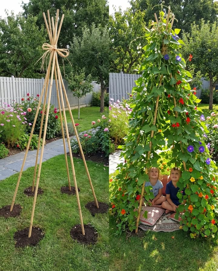 Six tuteurs en bambou, une ficelle au sommet, quelques graines au pied de chaque tuteur. En six semaines, les haricots à rames transforment cette structure en une vraie cabane végétale où les enfants passent lété.

 Le secret : choisir des plantes qui grimpent seules en senroulant autour des tuteurs. Haricots à rames, haricots dEspagne, capucines grimpantes et ipomées font le travail sans aide.
華 Semer en mai après les saints de glace, arroser régulièrement les deux premières semaines, puis laisser la nature faire. Bonus : les enfants récoltent eux-mêmes les haricots et les fleurs de capucine.

#TipiVégétal #JardinEnfants #CabaneVégétale