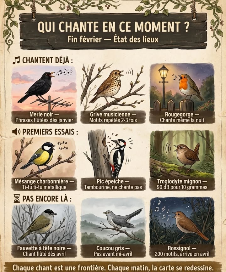 Fin février : le matin, bien avant que le soleil ne passe la haie, une compétition a déjà commencé. Chaque chant que vous entendez est un mâle en train de poser une frontière invisible autour de son futur territoire de nidification.

Chantent déjà : merle noir commence dès janvier, phrases lentes et flûtées depuis un toit ou une antenne, souvent le premier et le dernier à chanter dans la journée, grive musicienne reconnaissable à ses motifs répétés deux ou trois fois daffilée  elle est la seule à faire ça, rougegorge familier chant fin et mélancolique, y compris la nuit sous les réverbères, car la lumière artificielle prolonge son horloge interne.

Premiers essais : mésange charbonnière son  ti-tu ti-tu  métallique à deux notes est le plus facile à apprendre, il sert de porte dentrée à tous les débutants, pic épeiche ne chante pas : il tambourine sur du bois mort en rafales dune seconde, audible à 600 mètres, troglodyte mignon le plus petit oiseau du jardin produit le chant le plus puissant proportionnellement  90 décibels à un mètre.

Pas encore là : fauvette à tête noire son chant flûté et accéléré deviendra omniprésent en avril, mais quelques hivernants chantent déjà dans le sud, coucou gris son célèbre  cou-cou  ne résonnera pas avant mi-avril, rossignol philomèle le virtuose nocturne, 200 motifs différents, narrivera quen avril.

Conséquences pratiques : ne pas tailler les haies denses avant fin mars les chanteurs y installent leur nid, laisser un arbre mort au jardin poste de chant et tambourinage, éteindre les lumières extérieures inutiles pour ne pas perturber les rythmes de chant nocturne.

Celui que vous entendez chaque matin a choisi votre jardin. Il attend une réponse.


#ChantsDoiseaux #FauneEnFévrier #ChorusDeLAube