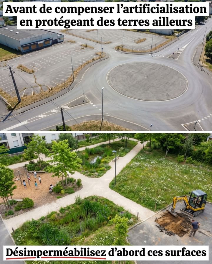Avant de compenser lartificialisation en protégeant des terres ailleurs, désimperméabilisez dabord ces surfaces que plus personne nutilise.

La France compte des milliers dhectares de bitume et de béton qui ne servent plus à rien  anciennes routes départementales doublées par un contournement, parkings surdimensionnés jamais remplis même le samedi, pistes daérodromes désaffectées, terre-pleins centraux bétonnés sur des kilomètres, ronds-points géants avec des espaces intérieurs asphaltés, anciens quais de chargement ferroviaires, cours décole entièrement goudronnées, casernes fermées. Des surfaces scellées, imperméables, chauffantes, stériles  qui restent en létat parce que casser du bitume coûte de largent et que personne na budgété le retour en arrière.

Le sol sous ce bitume nest pas mort. Il est en attente. Un sol scellé depuis trente ans sous une couche dasphalte conserve une partie de sa structure minérale, de sa banque de graines et de ses micro-organismes en dormance. Les expériences de désimperméabilisation menées en France et en Europe montrent que la vie biologique redémarre en quelques mois après le retrait du revêtement  les vers de terre recolonisent, les plantes pionnières sinstallent, les champignons mycorhiziens reconnectent les racines. Le sol complet  avec sa structure, sa matière organique et sa pleine capacité dinfiltration  met plus longtemps à se reconstituer, entre dix et trente ans selon la profondeur de dégradation. Mais le processus commence dès que la lumière et leau retrouvent le sol.

Lenjeu de limperméabilisation dépasse lagriculture. Un mètre carré de bitume en ville produit trois effets simultanés. Il empêche leau de pluie de sinfiltrer  elle ruisselle en surface vers les caniveaux, surcharge le réseau pluvial et provoque des inondations urbaines lors des épisodes intenses. Il stocke la chaleur solaire toute la journée et la restitue toute la nuit  les surfaces bitumées sont les premiers contributeurs aux îlots de chaleur urbains qui ajoutent 3 à 8C aux nuits dété en centre-ville. Il empêche toute vie végétale et animale de sinstaller  un mètre carré de bitume est un mètre carré de biodiversité réduite à zéro.

Retirer un mètre carré de bitume inverse les trois effets. Leau sinfiltre. La chaleur diminue. La vie revient.

Les exemples concrets se multiplient. Plusieurs villes françaises ont lancé des programmes de désimperméabilisation de cours décole  remplacement de lasphalte par des sols perméables, des espaces plantés, des noues végétalisées et des zones de jeux en copeaux de bois. Les températures mesurées dans ces cours  oasis  sont de 3 à 5C inférieures à celles des cours goudronnées voisines pendant les canicules. Lyon, Paris, Bordeaux, Nantes, Rennes ont engagé des programmes similaires sur des places publiques, des parkings excédentaires et des voies de circulation surdimensionnées.

Le potentiel national est considérable. Une estimation de lAdeme suggère que la France pourrait désimperméabiliser entre 5 000 et 10 000 hectares de surfaces urbaines inutilisées ou sous-utilisées dans les vingt prochaines années  sans toucher à aucune route utile, aucun parking nécessaire, aucune infrastructure fonctionnelle. Uniquement le bitume excédentaire  celui qui reste parce que le casser coûte plus cher que le laisser.

Le coût de la désimperméabilisation varie de 30 à 80 euros le mètre carré selon la profondeur du revêtement et la destination finale du sol  espace vert, jardin partagé, noue dinfiltration, prairie urbaine. Cest un investissement. Mais chaque mètre carré désimperméabilisé réduit le risque dinondation, abaisse la température locale, relance un cycle biologique et évite dartificialiser un mètre carré de champ ailleurs pour compenser. La compensation la plus crédible de lartificialisation nest pas de protéger un champ à lautre bout du département  cest de rendre au sol ce quon lui a pris là où il attend encore sous la croûte.

Le bitume ne pousse pas. Le sol en dessous, si  dès quon lui rend la lumière.

#Désimperméabilisation #RenaturationUrbaine #ZéroArtificialisation #ÎlotsDeChaleur #CoursOasis