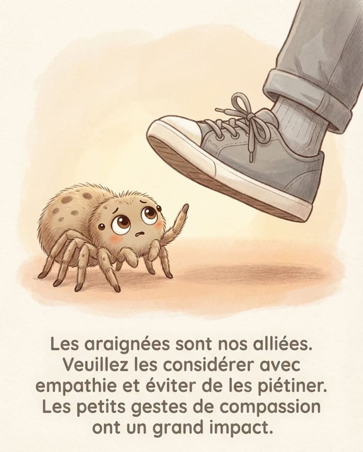 Les araignées ne sont pas nos ennemies à la maison.

La plupart des araignées évitent le contact avec les humains et ne présentent aucun danger. Leur présence est souvent discrète, et elles jouent un rôle bénéfique dans notre écosystème.

– Elles préfèrent fuir plutôt que de se défendre
– Elles aident à contrôler les moustiques et autres insectes
– Elles nattaquent jamais sans provocation
– On peut facilement les déplacer avec un verre et une feuille
– Elles font partie intégrante de léquilibre naturel
– Il nest pas nécessaire de les tuer pour se sentir en sécurité

Un geste de calme peut préserver une petite vie et maintenir lharmonie chez vous.