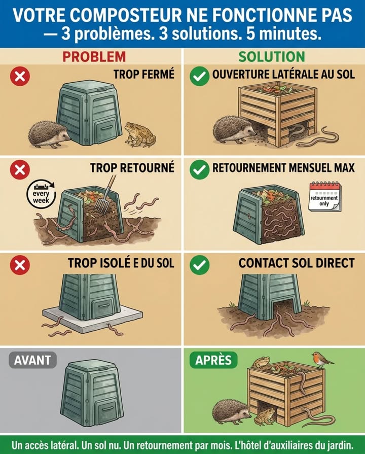 Votre tas de compost est ignoré parce quil a été conçu pour réduire les déchets, pas pour accueillir la faune. 直

Trop fermé : un composteur plastique sans ouverture latérale bloque laccès aux hérissons, crapauds et orvets qui chassent les limaces à lintérieur  les prédateurs naturels les plus efficaces du potager.
 Trop propre : un composteur retourné trop souvent détruit les galeries de vers et les loges dinsectes auxiliaires qui font le travail de décomposition.
 Trop isolé : posé sur dalle ou gravier, il coupe le contact avec le sol vivant  les vers de terre ne peuvent pas monter coloniser le compost depuis le bas.

Un accès latéral. Un sol nu en dessous. Un retournement mensuel maximum. Lhôtel dauxiliaires le plus productif du jardin.

#ComposteurJardin #FauneJardin #OiseauxFrance #JardinNaturel