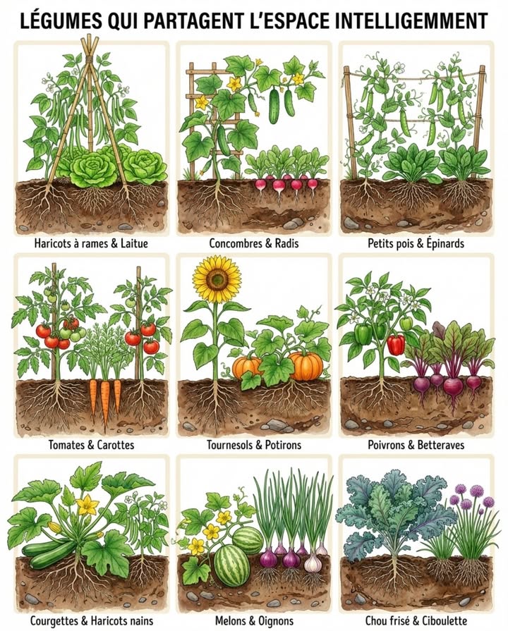 Optimisez vos planches de culture avec ces associations verticales !

– Haricots à rames & Laitue : Les haricots grimpent pendant que la laitue occupe lespace au sol
– Concombres & Radis : Les radis se récoltent avant que les concombres ne sétalent
– Petits pois & Épinards : Les pois poussent vers le haut tandis que les épinards sétalent en dessous
– Tomates & Carottes : Les racines profondes des carottes évitent la concurrence avec les tomates
– Tournesols & Potirons : Les tournesols dominent en hauteur pendant que les potirons rampent au sol
– Poivrons & Betteraves : Les betteraves compactes se glissent sous le feuillage des poivrons
– Courgettes & Haricots nains : Les haricots comblent les espaces verticaux entre les feuilles de courgettes
– Melons & Oignons : Les oignons arrivent à maturité avant que les melons naient besoin de tout lespace
– Chou frisé & Ciboulette : La ciboulette occupe les espaces étroits à côté des tiges de chou

Des hauteurs différentes = plus de récolte au mètre carré !