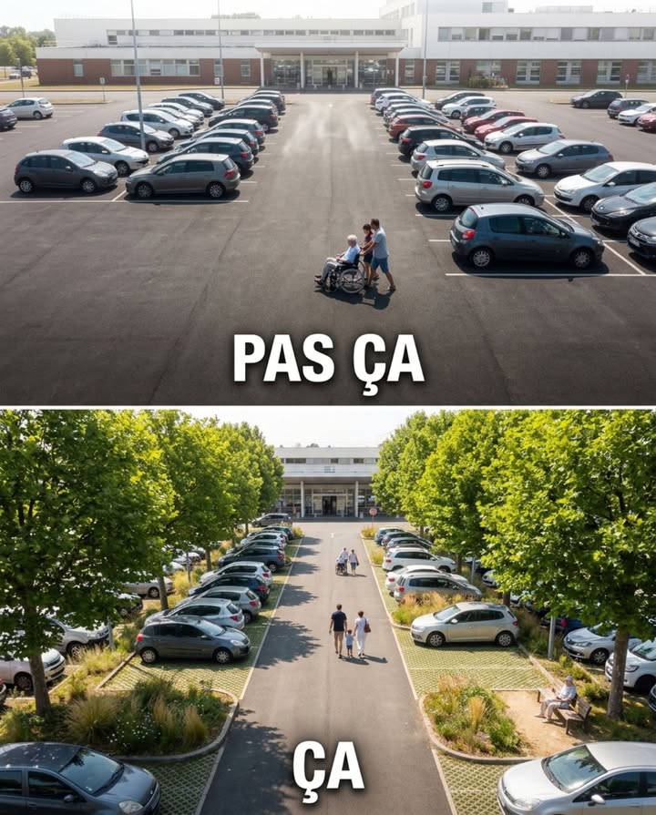 Le parking dhôpital, cest lespace de stress le plus inutilement hostile de France. Des milliers de patients, de familles et de soignants traversent chaque jour des hectares de bitume brûlant pour rejoindre un bâtiment de soin  sans un arbre, sans un banc à lombre, sans un centimètre de verdure entre leur voiture et lentrée des urgences.

La température au sol dun parking dhôpital goudronné dépasse 60C en juillet. Une personne âgée, un patient sous traitement ou un enfant fiévreux traversant 200 mètres de bitume sous canicule avant même dentrer dans le bâtiment est déjà en situation de stress thermique  avant davoir vu un médecin.

Plusieurs CHU français ont initié la végétalisation de leurs parkings extérieurs depuis 2020 : plantation de tilleuls tous les quatre places, remplacement des îlots béton par des noues plantées, revêtement perméable entre les rangées. Le CHU de Nantes a mesuré une réduction de 4 à 6C à hauteur dhomme sous canopée pendant les canicules de 2022 et 2023.

Un parking dhôpital végétalisé nest pas un luxe paysager. Cest une infrastructure de soin  la première que le patient traverse avant dentrer.

#ParkingHôpital #VégétalisationUrbaine #ÎlotDeChaleur #VilleVivable #DésimperméabilisationUrbaine