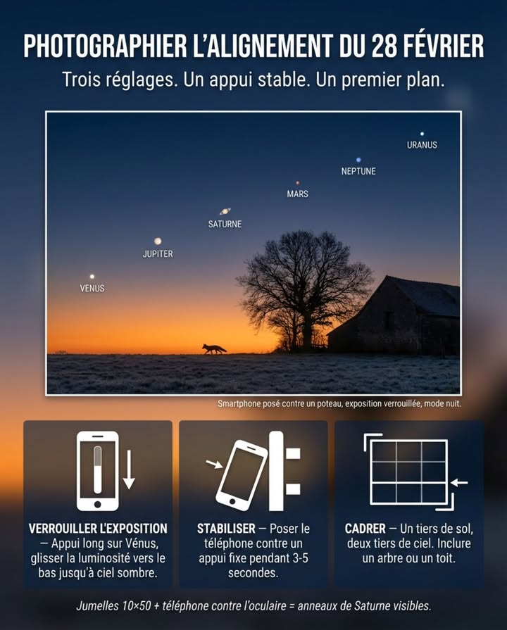 Le 28 février, lalignement planétaire sera le sujet le plus photographié de la semaine. La majorité des images seront floues, surexposées ou montreront six points blancs identiques sur un ciel gris. Avec trois réglages et un choix de cadrage, un smartphone suffit à ramener une image lisible  et un trépied de fortune transforme le résultat.

Le problème principal est la luminosité. Un téléphone en mode automatique voit le ciel sombre et compense en surexposant  les planètes deviennent des taches blanches sans couleur ni distinction. La solution tient en un geste : verrouiller lexposition manuellement. Sur la plupart des smartphones, appuyer longuement sur Vénus dans le viseur puis glisser le curseur de luminosité vers le bas jusquà ce que le ciel redevienne sombre et que Vénus reprenne sa forme de point net. Mars retrouve sa teinte rougeâtre, Jupiter sa stabilité, et le dégradé de laube apparaît.

Le mode nuit intégré fonctionne si le téléphone est parfaitement immobile. Poser le téléphone contre un poteau de clôture, un mur, une voiture garée  nimporte quel appui stable pendant les trois à cinq secondes de pose. Sans appui, le mode nuit produit un flou de bougé qui ressemble à une traînée de peinture.

Le cadrage fait la différence entre une photo dastronomie générique et une image mémorable. Inclure un premier plan terrestre  la silhouette dun arbre nu, un toit de ferme, une clôture en bois  ancre lalignement dans un paysage reconnaissable. Les meilleures images de phénomènes célestes montrent le ciel ET la terre. Le rapport idéal : un tiers de sol, deux tiers de ciel.

Pour ceux qui ont des jumelles 1050, photographier à travers loculaire en tenant le téléphone contre le verre  technique appelée digiscopie  peut capturer les anneaux de Saturne et les quatre lunes galiléennes de Jupiter. Le résultat nest pas parfait mais il est spectaculaire sur un écran de téléphone.

Le cliché le plus partagé ne sera pas le plus net. Ce sera celui qui montre lalignement au-dessus dun paysage français givré avec un renard ou une chouette en silhouette  limage qui raconte une histoire, pas celle qui documente un phénomène.

La photo que tout le monde retiendra du 28 février est celle que personne na encore imaginée.

#AlignementPlanétaire #PhotoNocturne #Astrophotographie #CielDeFévrier #SmartphoneNuit