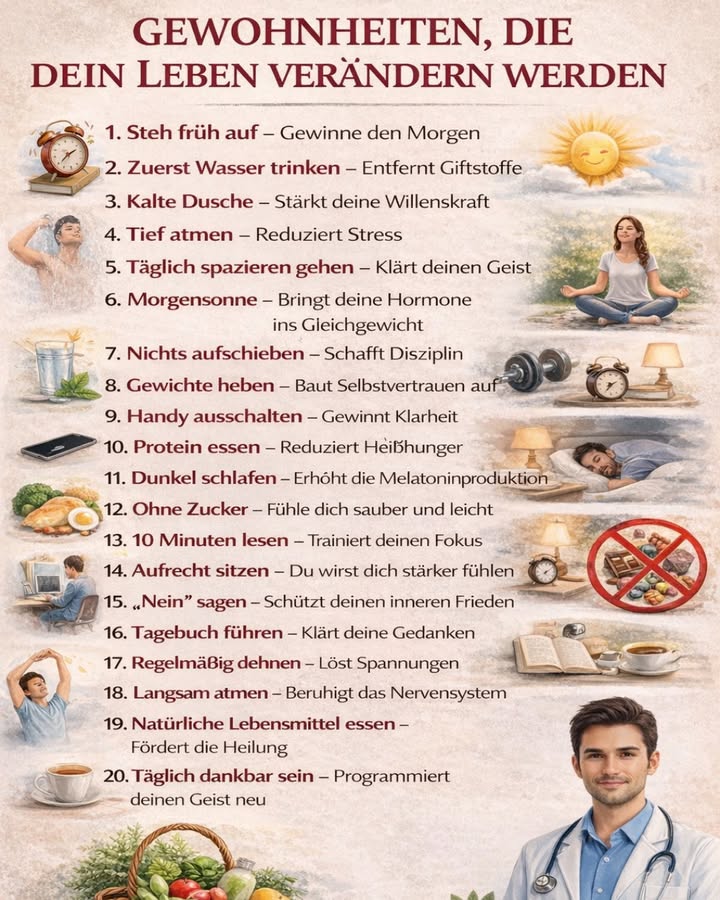 20 GEWOHNHEITEN, DIE DEIN LEBEN VERÄNDERN KÖNNEN 

Manchmal braucht es keine großen Veränderungen 
kleine tägliche Gewohnheiten können dein Leben Schritt für Schritt komplett transformieren.

Diese 20 einfachen Routinen helfen dir dabei,
 mehr Energie zu haben
 klarer zu denken
 Stress zu reduzieren
 Körper und Geist in Balance zu bringen

 Ein paar Beispiele:
 Früh aufstehen und den Morgen für dich nutzen
 Zuerst Wasser trinken, um den Körper zu aktivieren
 Tief und langsam atmen, um Stress loszulassen
 Bewegung, Sonne und natürliche Lebensmittel
 Weniger Ablenkung durch das Handy
 Dankbarkeit als tägliches Ritual

 Das Wichtigste:
Du musst nicht alles auf einmal umsetzen.
Such dir 12 Gewohnheiten, beginne heute  und bleib dran.
Kleine Schritte. Große Wirkung.