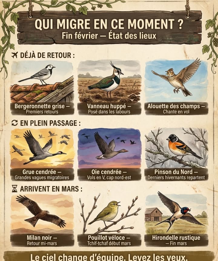 Fin février : pendant que les premières naissances ont lieu au sol, un autre spectacle se joue au-dessus de nos têtes.

Déjà de retour : bergeronnette grise souvent la toute première à revenir, posée sur les parkings et toitures plates, vanneau huppé groupes dans les champs fraîchement labourés, reconnaissable à sa fine huppe noire, alouette des champs chante en vol stationnaire dès les premières douceurs.

En plein passage : grue cendrée vagues de centaines à milliers doiseaux au-dessus de la France, trompettes audibles à plusieurs kilomètres, oie cendrée vols en V au crépuscule, direction nord-est, pinson du Nord derniers hivernants scandinaves en partance discrète.

Arrivent en mars : milan noir queue échancrée, retour prévu mi-mars, pouillot véloce son  tchif-tchaf  est le tout premier signal sonore du printemps, hirondelle rustique la plus attendue de toutes, fin mars.

Conséquences pratiques : lever les yeux entre 16h et 18h pour les grues, ne pas déranger les prairies naturelles où les vanneaux nichent au sol, signaler les premières observations sur Faune-France.

Le ciel dhiver se vide. Celui du printemps se remplit.

礪
#MigrationDePrintemps #OiseauxDeFrance #GruesCendrées