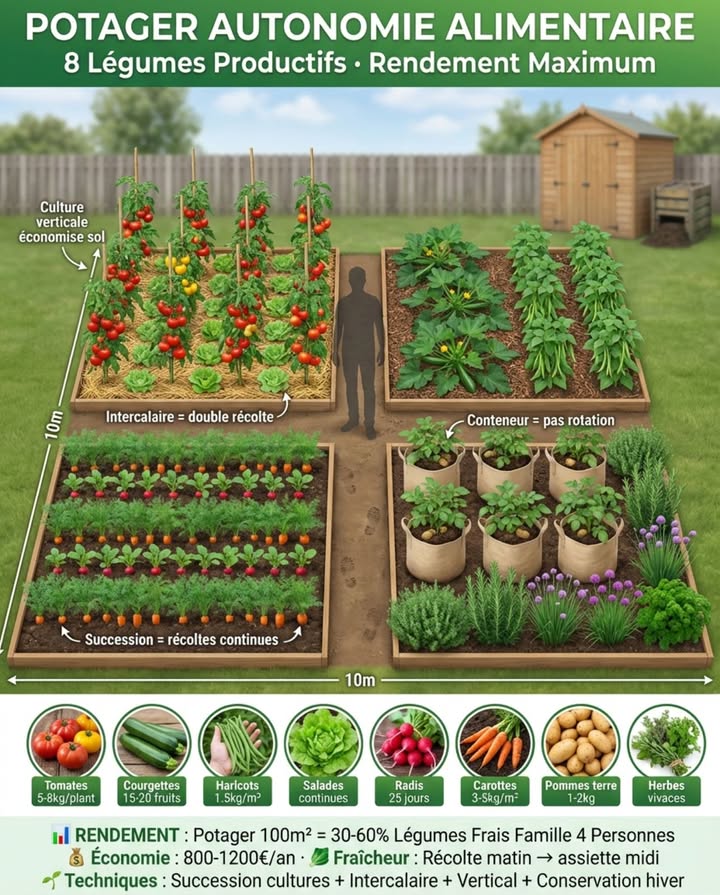 Potager autonomie alimentaire : huit légumes productifs rendement maximum petite surface. Potager 50-100 m bien géré peut fournir 30-60% légumes frais famille quatre personnes saison, conservation récoltes prolonge autonomie hiver 凌

Tomates Solanum lycopersicum rendement 5-8 kg par plant variétés indéterminées tuteurées, plantation mai après gelées distance 60 cm, récolte juillet-octobre, variétés recommandées Cœur de Bœuf chair dense, Noire de Crimée saveur complexe, Roma conserves sauces. Arrosage régulier pied éviter feuillage mouillé, paillage 10 cm conserve humidité réduit mildiou. Un seul plant bien conduit produit 30-40 tomates saison.

Courgettes Cucurbita pepo rendement 15-20 fruits par plant saison complète, plantation mai-juin 1 m par plant étalement feuillage large, récolte quotidienne été empêche fruits devenir énormes fibreux récolter 15-20 cm longueur, variétés Ronde de Nice gain place, Black Beauty productive. Plant unique famille quatre personnes souvent suffisant production abondante. Fleurs femelles farcies comestibles bonus.

Haricots verts nains Phaseolus vulgaris rendement 1.5-2 kg par m ligne, semis succession toutes 3 semaines mai-juillet = récoltes continues 10 semaines juillet-septembre, variétés Contender très productive, Maxi gousses longues tendres. Récolte tous 2-3 jours stimule production nouvelles gousses. Congeler blanchis 3 minutes = conservation 10 mois qualité excellente.

Salades et laitues succession rendement récolte continue mars-novembre semis échelonnés toutes 2 semaines, variétés Batavia blonde/rouge résiste chaleur, Feuille de chêne récolte feuille à feuille, Lollo rossa décorative productive. Technique culture intercalaire : semer salades entre rangs tomates/courgettes récoltées avant cultures principales ombragent. Espace 1 m produit 15-20 salades saison semis successifs.

Radis rapides Raphanus sativus rendement récolte 25 jours après semis, semis toutes 2 semaines mars-septembre = production continue, culture intercalaire parfaite occupe espaces temporaires semer entre rangs carottes, récoltés avant carottes matures, variétés French Breakfast allongés roses, 18 jours ronds ultra-précoces. Un mètre ligne produit 40-50 radis.

Carottes Daucus carota rendement 3-5 kg par m ligne, semis direct avril-juillet sol meuble affiné, variétés courtes Nantaise améliorée, Touchon sols lourds argileux, longues Colmar à cœur rouge sols légers sableux. Conservation cave fraîche sable humide = 4-6 mois fraîcheur totale hiver. Éclaircir plants 5 cm espacement après levée crucial carottes droites.

Pommes de terre conteneur Solanum tuberosum rendement 1-2 kg par plant sac géotextile 40L, variétés précoces Amandine, Charlotte récolte 90 jours après plantation, économie espace culture verticale sacs empilables balcon/terrasse, pas rotation cultures nécessaire substrat renouvelé chaque année. Cinq sacs produisent 5-10 kg pommes terre nouvelles juin-juillet famille.

Herbes aromatiques vivaces persil, ciboulette, thym, romarin, sauge, menthe récoltes quotidiennes années sans replanter, plantation bordures potager ou pots proximité cuisine, zéro entretien établies sauf arrosage sécheresse. Espace 2-3 m bordure = autonomie complète herbes fraîches toute année thym/romarin/sauge persistent hiver.

Rendements réalistes autonomie partielle famille quatre personnes : potager 50 m succession cultures bien géré = 30-40% légumes frais consommés saison avril-novembre. Potager 100 m optimisé techniques intensives = 50-60% autonomie légumes frais saison  conservation excédentaires tomates sauce, haricots congelés, carottes cave prolonge autonomie hiver 20-30% besoins.

Techniques maximiser production petite surface : succession cultures occuper chaque m toute saison radis rapides mars  salades avril-mai  haricots nains juin-août même ligne. Culture verticale tuteurs tomates/concombres/haricots grimpants économise sol horizontal. Intercalaire semer radis/salades entre rangs cultures lentes carottes, tomates = double récolte même espace. Carrés surélevés densité plantation supérieure sol meuble contrôlé rendement m maximisé 30-40%.

Conservation récoltes autonomie prolongée hiver : congélation haricots verts blanchis 3 minutes, herbes hachées glaçons huile olive, tomates cuites sauce base = 8-12 mois. Conserves bocaux stérilisés tomates entières/concassées, ratatouille, chutney courgettes = 12-18 mois. Lactofermentation carottes râpées, haricots verts, choux = probiotiques  conservation 6-12 mois température ambiante. Cave ou silo enterré pommes terre paille, courges sol sec, carottes sable légèrement humide = 4-6 mois fraîcheur totale.

Calendrier succession maximiser récoltes continues année complète : mars-avril semer radis précoces, salades printemps, carottes hâtives, planter pommes terre. Mai planter tomates tuteurées, courgettes, semer haricots nains vague 1. Juin resemer haricots vague 2, salades été résistantes chaleur. Juillet semer haricots vague 3 récolte septembre, radis automne. Août semer salades automne, mâche, épinards hiver. Septembre-novembre récolter tardifs  mettre conservation cave pommes terre, carottes, courges.

Potager 100 m famille = contribution significative budget alimentaire économie 800-1200/an légumes achetés  qualité fraîcheur supérieure récolte matin consommation midi  zéro pesticides/engrais chimiques cultivés bio maison.

#PotagerProductif #AutonomieAlimentaire #LégumesRendement #CulturesSuccession