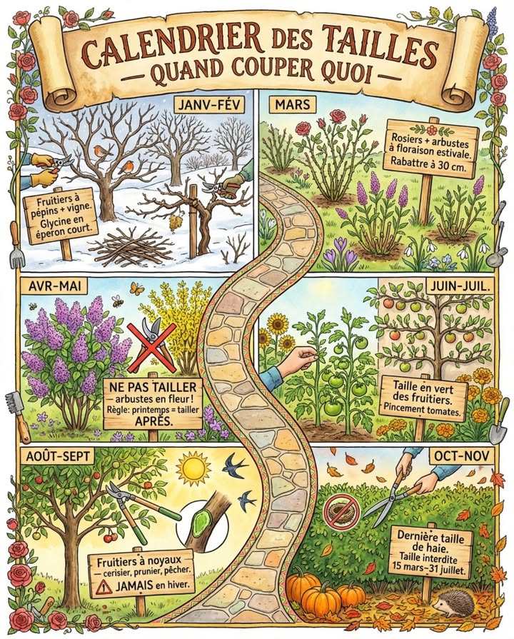 Un cerisier taillé en février attrape la moniliose et meurt branche par branche. Le même cerisier taillé en août cicatrise en trois semaines. Le calendrier de taille nest pas une préférence  cest une question de survie. 

Janvier-février : tailler les arbres fruitiers à pépins en repos végétatif  pommier, poirier, cognassier. Tailler la vigne Guyot ou cordon. Les plaies cicatrisent au redémarrage de la sève en mars. Tailler aussi les grimpantes à floraison estivale  glycine éperon court, clématite groupe 3 rabattre à 30 cm.

Mars : tailler les rosiers avant le débourrement. Rabattre les arbustes à floraison estivale  buddleia, perovskia, caryoptéris, lavatère  à 20-30 cm du sol. Ils fleurissent sur le bois de lannée.

Avril-mai : NE PAS TAILLER les arbustes en fleur. Forsythia, lilas, spirée, deutzia, seringat fleurissent sur le bois de lannée précédente  les tailler en février supprime la floraison. La règle dor : fleurit au printemps = tailler APRÈS la floraison. Fleurit en été = tailler en février.

Juin-juillet : taille en vert des fruitiers  raccourcir les pousses de lannée à trois feuilles. Pincer les gourmands de tomate. Tailler les arbustes à floraison printanière APRÈS leur floraison.

Août-septembre : tailler les fruitiers à noyaux  cerisier, prunier, pêcher, abricotier. La sève descendante et la chaleur permettent une cicatrisation rapide. En hiver, les champignons pathogènes entrent par les plaies ouvertes.

Octobre-novembre : dernière taille de haie avant lhiver. Vérifier la loi  en France, la taille des haies est interdite du 15 mars au 31 juillet pour protéger les nids arrêté préfectoral variable selon les départements. 

#calendrierTaille #tailleDesArbres #potagerAnnuel #jardinage