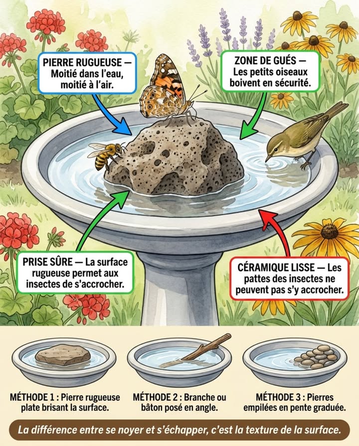 Votre abreuvoir accueille les oiseaux  et noie tout ce qui est plus petit quun rougegorge.

Les abeilles se posent sur leau pour boire et ne peuvent pas remonter le bord céramique lisse et mouillé. Les papillons, les bourdons, les petits coléoptères glissent à lintérieur et nont aucune prise pour en sortir.

Le problème nest pas leau. Cest la texture. 

La solution prend trente secondes : placez une pierre rugueuse et poreuse dans labreuvoir, moitié dans leau, moitié à lair. Une brique cassée, un galet de rivière, une pierre volcanique  toute surface que des pattes minuscules peuvent saisir même mouillée.

Autres options :
Une branche ou un bâton rugueux posé en biais du bord jusquà leau crée une rampe de sortie.
Pour les abreuvoirs profonds, empilez deux ou trois pierres pour former une pente graduée.

曆 La belle-dame et le paon du jour boivent en sécurité et sattardent. Le troglodyte et le pouillot véloce vaderont sur la zone peu profonde. Brossez la pierre chaque semaine  les algues la rendent glissante et annulent leffet.

Le même abreuvoir. Une pierre. Un résultat différent pour tout ce qui le visite.

#AbreuvoirJardin #PollinisateursFrance #FauneJardin #JardinNaturel