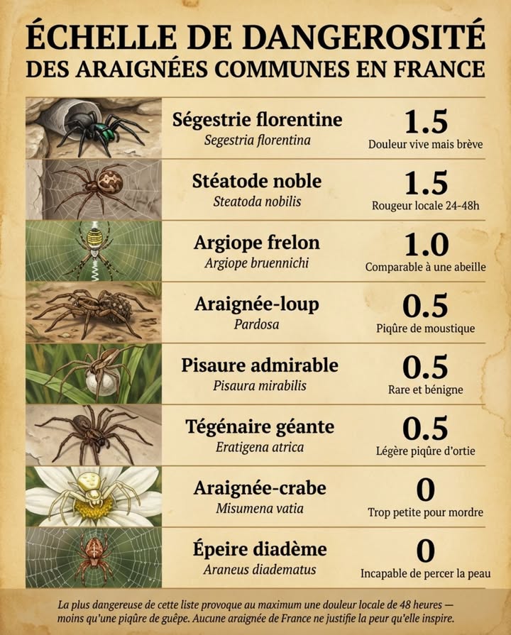 La tégénaire qui traverse votre salon en automne a un score de dangerosité de 0,5 sur 10. Elle cherche un partenaire. Pas vous. 

Aucune araignée de France métropolitaine ne peut tuer un adulte en bonne santé. La plus “dangereuse” de cette liste fait moins mal quune piqûre de guêpe pendant 48 heures maximum.

ÉCHELLE DE DANGEROSITÉ DES ARAIGNÉES COMMUNES EN FRANCE

Ségestrie florentine Segestria florentina  1,5
Grands chélicères vert iridescent métallique. Morsure perçante, douleur vive mais brève et sans suite. Vit dans un tube de soie dans les fissures de murs avec 6 fils-pièges rayonnant à lentrée  architecture parfaitement reconnaissable.

Stéatode noble Steatoda nobilis  1,5
La seule araignée de France dont la morsure peut nécessiter une attention médicale : rougeur et gonflement local pendant 24-48 heures. Souvent confondue avec la veuve noire  incomparablement moins dangereuse.

Argiope frelon Argiope bruennichi  1,0
Grande araignée jaune et noire rayée, comparable à un frelon. Morsure rare, uniquement si on la saisit, comparable à une piqûre dabeille. Sa toile porte un zigzag blanc appelé stabilimentum  fonction encore débattue en éthologie.

Araignée-loup Pardosa spp.  0,5
Morsure légère comme une piqûre de moustique si on la saisit. Court au sol sans toile. La femelle transporte ses petits sur son abdomen pendant plusieurs jours  des dizaines de larves accrochées à sa surface.

Pisaure admirable Pisaura mirabilis  0,5
Morsure possible mais rare et bénigne. Le mâle offre une proie enveloppée de soie à la femelle pendant laccouplement pour éviter dêtre consommé. Seule araignée française à pratiquer ce comportement.

Tégénaire géante Eratigena atrica  0,5
Peut mordre si manipulée  légère piqûre dortie pendant 10 minutes. Laraignée qui traverse les pièces en automne cherche un partenaire. Elle élimine moustiques, mouches et mites dans la maison. Auxiliaire domestique.

Araignée-crabe Misumena vatia  0
Trop petite pour mordre un humain. Change de couleur entre blanc et jaune en quelques semaines pour se camoufler sur les fleurs et capturer les pollinisateurs par embuscade. Prédateur redoutable malgré 10 mm.

Épeire diadème Araneus diadematus  0
Morsure exceptionnelle, sans effet notable. Croix blanche sur labdomen, toile géométrique refaite chaque matin. Capture 500 à 800 insectes par saison. La plus utile et la plus visible du jardin. 

La peur des araignées est compréhensible  leur apparence la provoque naturellement. Mais en France métropolitaine, aucune espèce ne justifie de les tuer. Chacune élimine des centaines de ravageurs par saison.

#AraignéesDuJardin #BiodiversitéAuJardin #AuxiliairesDuJardin #EntomologieFrance