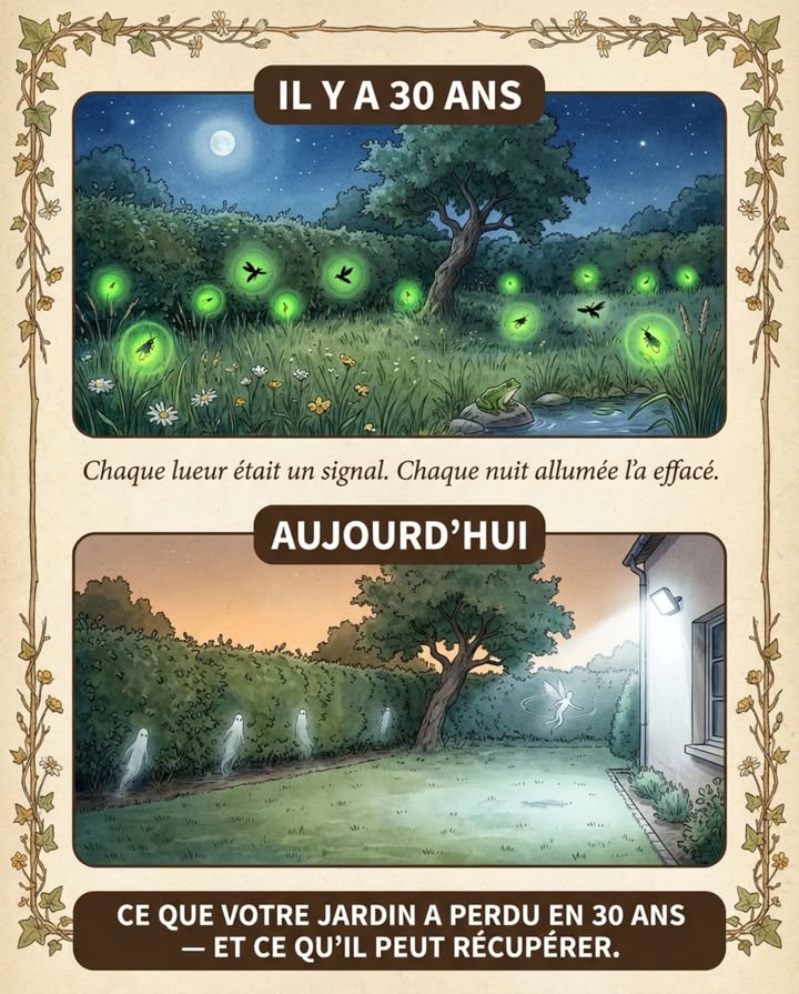 Beaucoup se souviennent de ces petites lueurs vertes le long de la haie en juin. La plupart ne les ont pas revus depuis vingt ans. 

La cause nest pas un pesticide. Cest la lumière.

La femelle ver luisant émet une lueur verte au ras du sol pour attirer le mâle en vol. Un seul lampadaire, une seule applique de jardin noie ce signal. Le mâle ne trouve plus la femelle. La reproduction sarrête.

Éteindre les lumières extérieures entre 22h et 6h de mai à septembre suffit à restaurer le signal. Aucun achat, aucun aménagement. Une minuterie. 者

Le jardin na pas été détruit  il a été éteint.

#VerLuisant #BiodiversitéNocturne #JardinVivant #NuitSansLumière