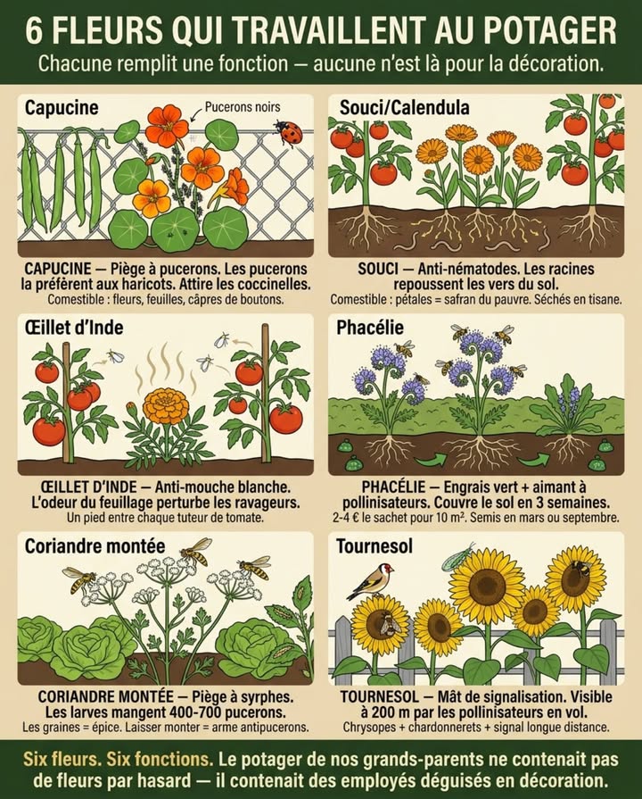 La bourrache nest pas la seule fleur qui fait tourner le potager. Cinq autres plantes compagnes remplissent le même rôle  attirer les pollinisateurs, repousser les ravageurs, nourrir le sol et se ressemer toute seule sans rien demander. Les anciens ne les appelaient pas  plantes compagnes . Ils disaient  ça va bien ensemble   et ils avaient documenté le résultat avec quarante générations dobservation avant que la science ne confirme chaque association.

6 FLEURS QUI TRAVAILLENT AU POTAGER  ET QUE PERSONNE NE DEVRAIT ARRACHER :

FLEUR 1  LA CAPUCINE Tropaeolum majus : LE PIÈGE À PUCERONS

La capucine nest pas plantée au potager pour sa beauté  elle est plantée pour se faire dévorer à la place des légumes. La capucine attire les pucerons noirs comme un aimant  les colonies de pucerons se concentrent sur les tiges et les feuilles de capucine et délaissent les haricots, les fèves et les choux à côté. Ce phénomène sappelle le piégeage par plante-hôte sacrificielle  la capucine absorbe la pression parasitaire et protège les cultures voisines par sacrifice volontaire.

Les pucerons concentrés sur la capucine attirent ensuite les prédateurs  coccinelles, syrphes, chrysopes  qui se reproduisent sur la colonie et essaiment vers le reste du potager. La capucine est une station de recrutement à prédateurs  elle attire le problème ET sa solution au même endroit.

La capucine est entièrement comestible  fleurs piquantes en salade, feuilles au goût de cresson, boutons floraux en câpres au vinaigre, graines vertes en condiment. Elle se ressème chaque année à partir des grosses graines rondes qui tombent au sol en automne. Un rang de capucines au pied du grillage du potager produit des fleurs de juin aux gelées, attire les pucerons loin des cultures, recrute les coccinelles et fournit des câpres gratuites au vinaigrier.

FLEUR 2  LE SOUCI/CALENDULA Calendula officinalis : LE NÉMATICIDE VIVANT

Le souci nest pas orange pour faire joli. Ses racines sécrètent des substances qui repoussent les nématodes du sol  ces vers microscopiques qui attaquent les racines des tomates, des pommes de terre et des carottes et qui provoquent des galles, des déformations et des baisses de rendement. Planter des soucis entre les rangs de tomates et de carottes est une fumigation biologique du sol  les racines diffusent leurs exsudats répulsifs tout au long de la saison.

Les pétales orangés du souci sont comestibles  saveur légèrement poivrée et amère, utilisés comme colorant culinaire naturel le  safran du pauvre  qui teinte les riz et les bouillons en jaune-orangé. Séchés, les pétales se conservent un an dans un bocal hermétique. La tisane de calendula est anti-inflammatoire et digestive  documentée en pharmacopée traditionnelle depuis le Moyen Âge.

Le souci fleurit de juin aux premières gelées  six mois de floraison sans interruption. Il se ressème agressivement  un seul pied produit des centaines de graines arquées en croissant qui colonisent chaque centimètre de sol libre autour. Le jardinier qui sème trois soucis la première année en a trente la deuxième et trois cents la troisième. Larrachage du surplus de printemps est le seul entretien.

FLEUR 3  LŒILLET DINDE Tagetes patula : LANTI-MOUCHE BLANCHE

Lœillet dInde est le compagnon classique des tomates dans les potagers du sud de la France  et la raison est chimique. Les racines de Tagetes sécrètent du thiophène  un composé soufré toxique pour les nématodes même action que le souci, mais plus puissante sur certaines espèces et répulsif pour les aleurodes mouches blanches qui attaquent les tomates sous serre et en plein air. Lodeur forte du feuillage de lœillet dInde qui divise les jardiniers  certains ladorent, dautres la trouvent écœurante est produite par des terpènes qui perturbent les récepteurs olfactifs des mouches blanches et des pucerons  ils ne trouvent plus leur plante hôte par lodeur.

Planter un œillet dInde tous les deux pieds de tomates  entre chaque tuteur  crée un écran olfactif continu qui réduit les attaques daleurodes de 30 à 60 % selon les études en maraîchage biologique.

Lœillet dInde nest pas vivace en France  il gèle en hiver. Mais il se ressème dans les jardins abrités du sud et du sud-ouest. Partout ailleurs, le semer chaque année en godet en mars et le repiquer entre les tomates en mai.

FLEUR 4  LA PHACÉLIE Phacelia tanacetifolia : LENGRAIS VERT QUI ATTIRE TOUT CE QUI VOLE

La phacélie nest pas une fleur de massif  cest un engrais vert que les maraîchers biologiques sèment entre les cultures et qui se trouve être la fleur la plus attractive pour les pollinisateurs de la flore européenne après la bourrache. Les études de butinage comparatif placent la phacélie en tête ou en deuxième position pour le nombre de visites dabeilles par mètre carré et par heure  devant la lavande, le trèfle et le tournesol.

La phacélie est semée en mars ou en septembre sur les planches de potager au repos  elle germe en cinq jours, couvre le sol en trois semaines aucune adventice ne peut concurrencer sa vitesse de couverture et fleurit en six à huit semaines. Ses fleurs bleu-violet en spirale attirent les syrphes dont les larves mangent les pucerons, les abeilles solitaires, les bourdons et les papillons. Quand la phacélie est fauchée et enfouie dans le sol avant le semis de la culture suivante, elle restitue son azote et sa matière organique  cest un engrais vert ET un couvert mellifère en une seule plante.

Coût du sachet de graines de phacélie pour 10 m : 2 à 4 euros. Rendement en pollinisation et en fertilisation : inestimable.

FLEUR 5  LA CORIANDRE MONTÉE EN GRAINES Coriandrum sativum : LE PIÈGE À SYRPHES

Le jardinier qui arrache la coriandre dès quelle monte en fleur commet une erreur  cest exactement à ce moment que la coriandre devient utile. Les ombelles de petites fleurs blanches de la coriandre montée sont le restaurant préféré des syrphes adultes  ces mouches rayées jaune et noir que tout le monde confond avec des guêpes dont les larves sont les prédateurs de pucerons les plus voraces du potager après la coccinelle. Un syrphe adulte qui butine une fleur de coriandre pond ses œufs dans la colonie de pucerons la plus proche  chaque larve de syrphe consomme entre 400 et 700 pucerons pendant son développement.

Laisser deux ou trois pieds de coriandre monter en graines entre les rangs de légumes  les ombelles fleurissent pendant trois à quatre semaines et attirent les syrphes sur le potager exactement quand les pucerons arrivent en mai-juin. La coriandre qui monte en fleur nest pas un échec  cest une arme antipucerons.

Les graines qui mûrissent ensuite sur les ombelles sèches sont la coriandre en grains de la cuisine  récoltées, séchées et stockées pour la saison. La même plante produit la feuille fraîche avant la montée, les fleurs à syrphes pendant la montée et lépice sèche après la montée. Rien nest perdu.

FLEUR 6  LE TOURNESOL Helianthus annuus : LE MÂT DE SIGNALISATION

Le tournesol nest pas une fleur de potager au sens classique  il est trop grand, trop encombrant et trop gourmand en eau pour une planche surélevée. Mais un rang de tournesols le long du grillage ou en bordure de potager remplit trois fonctions que rien dautre ne remplit.

La première : le tournesol est visible à 200 mètres par les pollinisateurs en vol. Sa grande fleur jaune est un panneau de signalisation qui dit  il y a de la nourriture ici   les abeilles, les bourdons et les papillons qui survolent le quartier en prospection sont guidés vers le potager par le tournesol. Cest lenseigne lumineuse du restaurant.

La deuxième : le tournesol attire les chrysopes adultes  les insectes verts aux ailes de dentelle dont les larves sont surnommées  lions des pucerons  chaque larve consomme entre 200 et 500 pucerons. Les chrysopes pondent à proximité de leur source de nectar  un tournesol à côté du potager déclenche la ponte de chrysopes sur les légumes adjacents.

La troisième : les graines de tournesol mûres en septembre attirent les chardonnerets, les verdiers et les pinsons  des oiseaux granivores qui se nourrissent de graines mais dont les poussins mangent des pucerons et des chenilles. Un rang de tournesols en graines en automne est un poste de nourrissage naturel qui installe les oiseaux au potager pour lhiver  et qui les maintient sur place au printemps suivant pour le contrôle des ravageurs.

LE RÉSUMÉ  OÙ PLANTER QUOI :

Capucine : au pied du grillage ou en bout de rang de haricots piège à pucerons  câpres
Souci : entre les rangs de tomates et de carottes anti-nématodes  colorant culinaire
Œillet dInde : un pied entre chaque tuteur de tomate anti-mouche blanche
Phacélie : sur les planches au repos en mars ou septembre engrais vert  pollinisateurs
Coriandre montée : deux pieds laissés en fleur entre les légumes en mai piège à syrphes  épice
Tournesol : en rang le long du grillage ou en bordure signalisation  chrysopes  oiseaux

Six fleurs. Six fonctions. Zéro intrant chimique. Le potager de nos grands-parents ne contenait pas de fleurs par hasard  il contenait des employés déguisés en décoration.

#PlantesCompagnes #FleursDuPotager #AssociationsDesCultures #PotagerNaturel #Pollinisation