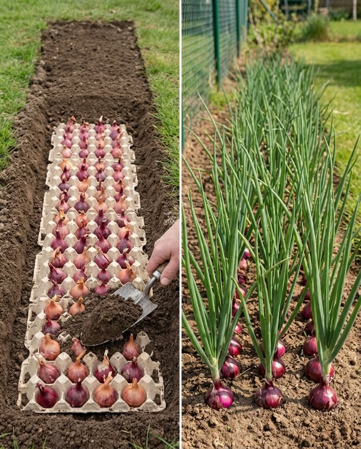 La même boîte à œufs qui sert de gabarit pour les tulipes fonctionne exactement pareil pour les oignons et les échalotes  espacement parfait, aucune mesure. 暈

La technique : creuser un sillon de 8-10 cm de profondeur sur toute la longueur du rang. Poser les boîtes à œufs à plat dans le sillon, jointives. Placer un set doignon ou une échalote dans chaque alvéole, pointe vers le haut. Recouvrir de terre avec une truelle ou à la main. Les boîtes en carton se décomposent avant la récolte.

Résultat : des rangs parfaitement droits et régulièrement espacés sans cordeau, sans piquet, sans règle. Exactement comme sur la photo de droite.

Calendrier France :
Échalotes : planter de mi-février à fin mars.
Oignons blancs et rouges sets : planter de mars à avril.
Dans les deux cas, planter quand le sol nest plus gelé et commence à se réchauffer.

Une précision sur lespacement : les alvéoles de boîtes à œufs standard donnent un espacement denviron 5-6 cm  légèrement plus serré que les 10-12 cm recommandés pour les gros oignons. Pour les échalotes et les petits oignons de semis, cet espacement convient parfaitement. Pour les variétés à gros calibre, utiliser une alvéole sur deux. 

#oignons #echalotes #potager #astucejardinage