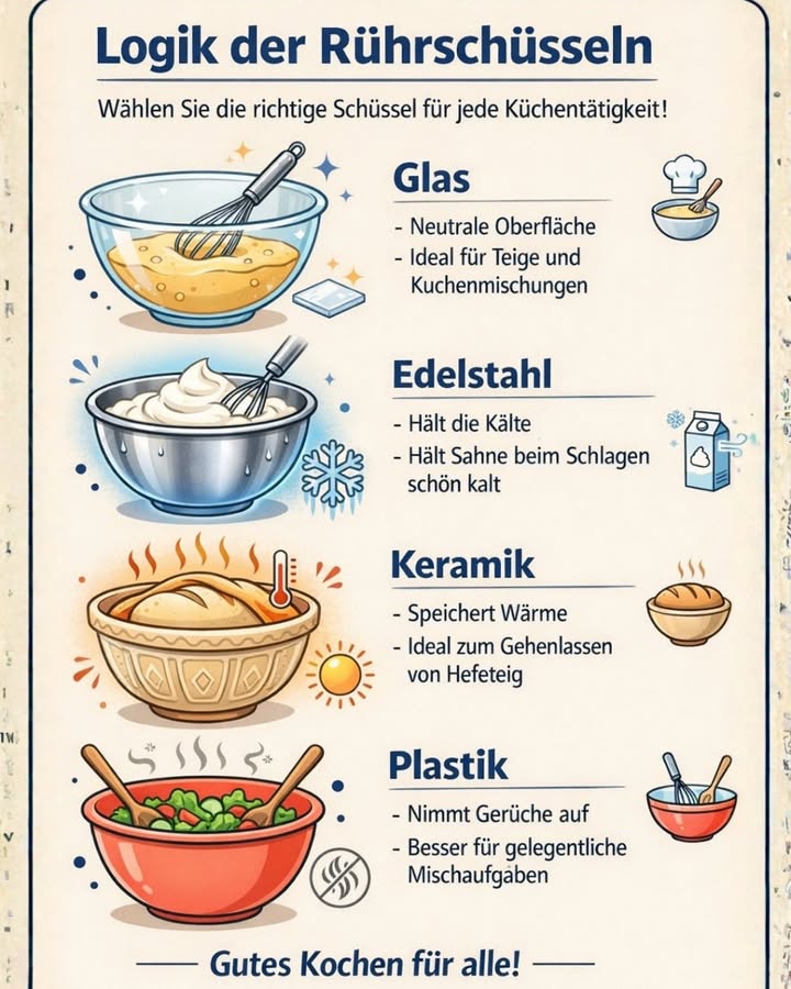 北 Die Logik der Rührschüsseln  Welche Schüssel ist die richtige?

Viele Menschen benutzen beim Kochen und Backen einfach irgendeine Schüssel. Doch das Material der Schüssel kann tatsächlich einen großen Unterschied machen! Jede Art von Schüssel hat ihre eigenen Vorteile und eignet sich besser für bestimmte Aufgaben in der Küche.

 Glas
Glasschüsseln haben eine neutrale Oberfläche und reagieren nicht mit Zutaten. Sie sind perfekt zum Mischen von Teigen, Kuchenteigen oder anderen Backmischungen. Außerdem kann man durch das Glas gut sehen, wie sich die Zutaten vermischen.

 Edelstahl
Edelstahlschüsseln halten die Kälte besonders gut. Deshalb sind sie ideal, wenn man Sahne oder Eiweiß schlagen möchte. Die kalte Oberfläche hilft dabei, dass die Creme stabiler und schneller fest wird.

 Keramik
Keramik speichert Wärme sehr gut. Dadurch eignet sich eine Keramikschüssel hervorragend, um Hefeteig gehen zu lassen, da die gleichmäßige Wärme das Aufgehen des Teigs unterstützt.

 Plastik
Plastikschüsseln sind leicht und praktisch für schnelle oder gelegentliche Mischaufgaben. Allerdings können sie Gerüche aufnehmen, weshalb sie eher für einfache Aufgaben geeignet sind.

 Kleiner Küchentipp:
Wenn Sie die richtige Schüssel für die richtige Aufgabe wählen, werden viele Rezepte einfacher und gelingen besser.