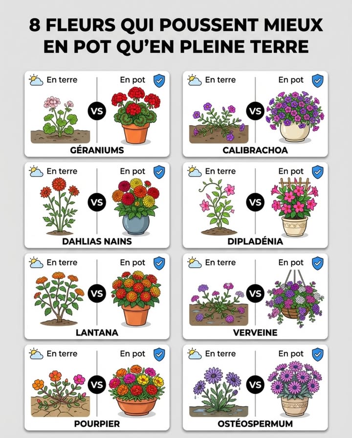 Ce nest pas le pot qui limite ces plantes, cest lui qui les libère. Trois mécanismes expliquent tout : le drainage rapide empêche la pourriture du collet, les parois chauffées par le soleil accélèrent la croissance des espèces frileuses, et le volume racinaire restreint force la plante à fleurir au lieu de sétaler.

 Résultat : des floraisons plus denses, plus longues et plus colorées quen pleine terre.
華 La plupart de ces 8 espèces sont déjà les classiques des balcons et terrasses en France  maintenant vous savez pourquoi elles y sont si performantes.

#FleurEnPot #JardinièreDeBalcon #PlantesEnPot
