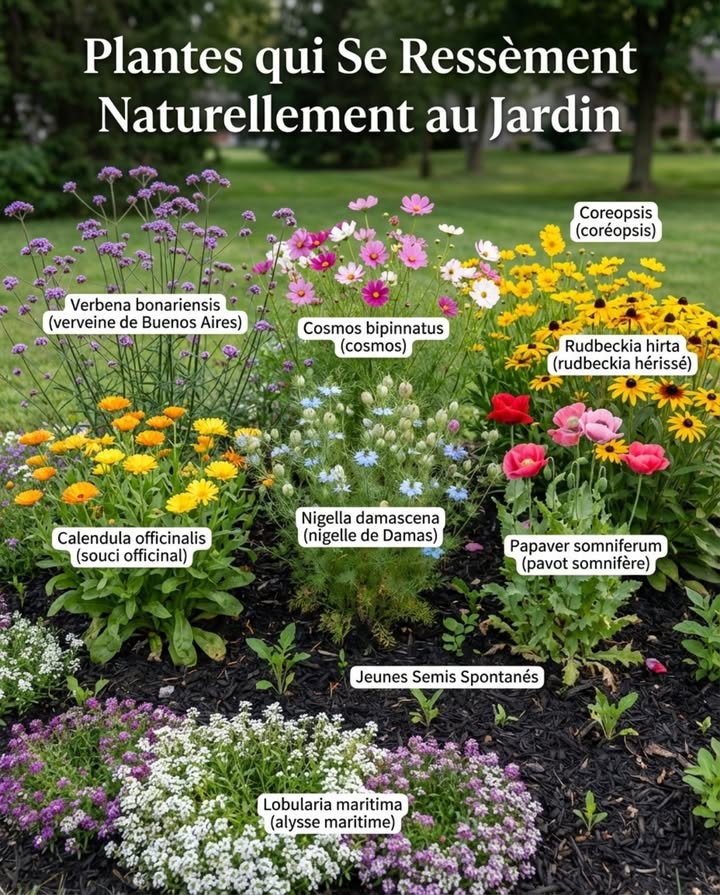 Certaines plantes se ressèment, repoussent ou sétendent suffisamment pour maintenir les massifs garnis année après année sans replantation constante.

Souci officinal
Se ressème librement et revient tôt chaque saison.

Nigelle de Damas
Ressemis léger avec capsules décoratives.

Ancolie
Se naturalise doucement dans les massifs mixtes.

Rudbeckia hérissé
Ressemis fiable qui comble les espaces au fil du temps.

Cosmos bipinné
Annuelle à croissance rapide qui se remplace delle-même.

Coréopsis
Revient régulièrement avec un entretien minimal.

Verveine de Buenos Aires
Tiges aériennes qui se ressèment légèrement et circulent dans les massifs.

Alysse maritime
Couvre-sol bas qui tapisse naturellement les sols nus.

Pavots
Se ressèment mieux lorsque le sol reste non perturbé.

Ces jardins acquièrent avec le temps un aspect établi plutôt que nouvellement planté.