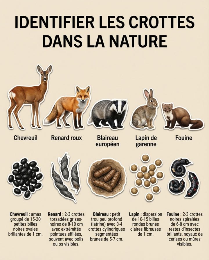 Les crottes révèlent régime et territoire méconnus. Chaque matin, les chemins, lisières et jardins montrent des dépôts : chevreuils, renards, blaireaux, lapins. Les crottes de chevreuil forment des petits amas de billes noires brillantes groupées. Le renard laisse des crottes torsadées grises avec pointes effilées, souvent en évidence sur une pierre. Le blaireau creuse des latrines peu profondes avec crottes cylindriques segmentées. Le lapin dépose des billes rondes brunes et fibreuses dispersées près des terriers. La fouine laisse des crottes noires spiralées avec restes dinsectes et noyaux de fruits 力
#crottesanimales #tracesdefaune #faunesauvage #naturalisteenherbe