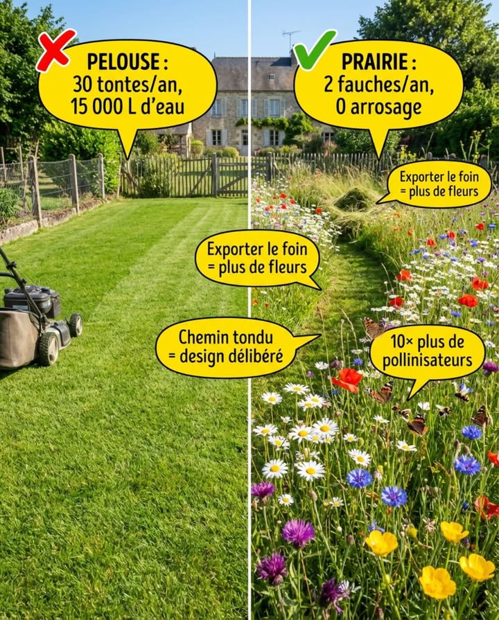 Une pelouse demande trente tontes par an, quinze mille litres deau et un passage dengrais au printemps. Une prairie fleurie demande deux fauches  et attire dix fois plus de pollinisateurs. Le calcul est simple. 

La conversion commence par larrêt. Arrêter de fertiliser  lappauvrissement du sol favorise les fleurs sauvages au détriment des graminées vigoureuses. Arrêter darroser  les plantes de prairie sont adaptées au sec. Remonter la hauteur de coupe à 8 cm pour les premières tontes de transition.

En automne, semer un mélange local sur le sol scarifié : marguerite, centaurée, coquelicot, achillée millefeuille, lotier corniculé, sauge des prés, knautie des champs, mauve sylvestre. La première année ressemble à un abandon  les graminées dominent encore. La deuxième année, les fleurs apparaissent. La troisième année, cest un spectacle.

Deux fauches par an suffisent. La première en juillet après la montée en graines  les fleurs se ressèment seules. La seconde en octobre pour nettoyer avant lhiver. Exporter le foin chaque fois  le laisser sur place enrichit le sol et favorise les graminées au détriment des fleurs.

Le geste esthétique qui change tout : tondre un chemin courbe à travers la prairie haute. Le contraste entre lherbe rase du sentier et la prairie en fleurs transforme le  laisser-aller  en design délibéré. Un chemin tondu prouve que cest un choix, pas un oubli.

Trente tontes par an  ou deux fauches et des papillons. 

#prairieFleurie #adieulaPelouse #jardinBasseMaintenance #jardinNaturel