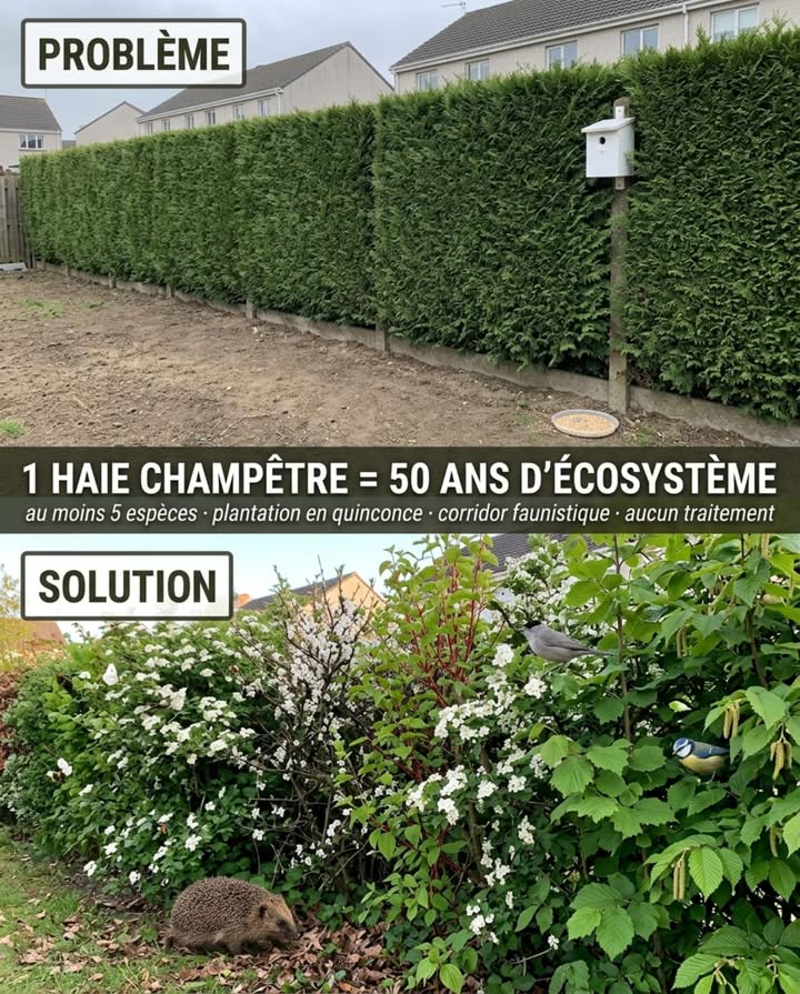 Une haie champêtre de 10 mètres fait ce quaucun aménagement fragmenté ne fait : elle abrite les espèces qui structurent la faune de tout un quartier pavillonnaire.
Le jardin sans haie mixte manque dun corridor que les espèces terrestres et aériennes empruntent chaque jour. Les hérissons nont plus de couloir de déplacement nocturne entre les parcelles. Les fauvettes à tête noire, les accenteurs mouchets et les troglodytes ne trouvent plus la densité de branches basses quil leur faut pour nicher. Les pipistrelles communes perdent le repère de vol qui guide leur chasse au crépuscule. Le thuya aligné et le grillage nu, eux, nabritent rien  et sont protégés par aucune disposition légale. Une haie champêtre avec nids actifs relève de lArticle L411-1 du Code de lenvironnement dès quun couple doiseaux protégés sy installe.
Une haie champêtre de jardin ne demande ni taille fréquente, ni traitement, ni irrigation après la deuxième année. Elle demande une largeur minimale de 80 centimètres, un alignement en quinconce sur deux rangs espacés de 50 centimètres, et un mélange dau moins cinq espèces indigènes caduques et persistantes dont les cycles de floraison et de fructification se relaient davril à mars.
Espèces indigènes pour une haie champêtre française :
– Aubépine monogyne Crataegus monogyna  floraison blanche abondante en mai, cynorrhodons rouges pour les grives en hiver, épineuse, idéale pour nidification protégée
– Prunellier Prunus spinosa  floraison blanche précoce en mars avant les feuilles, prunelles bleu-noir en automne, dense et très épineux
– Cornouiller sanguin Cornus sanguinea  tiges rouges en hiver, fruits noirs consommés par 30 espèces doiseaux, supporte tous les sols
– Noisetier commun Corylus avellana  chatons jaunes dès février, premier pollen de lannée pour les abeilles sauvages, noisettes pour les mulots et écureuils
– Charme commun Carpinus betulus  feuillage marcescent qui conserve les feuilles brunes tout lhiver, brise-vent efficace, abri permanent
Planter en novembre ou mars, en racines nues. Une journée, une pelleteuse louée ou deux après-midi à la bêche, 15 à 20 plants de 60 à 80 cm en pépinière, un paillis de BRF ou de feuilles mortes sur toute la longueur. Coût total : 100 à 180 euros pour 10 mètres linéaires et 50 ans décosystème fonctionnel.
10 mètres de haie champêtre reconnectent la faune dun rayon de 1 kilomètre.
#HaieChampêtre #BiodiversitéFrance #CorridorÉcologique #JardinNaturel #FaunaSauvage