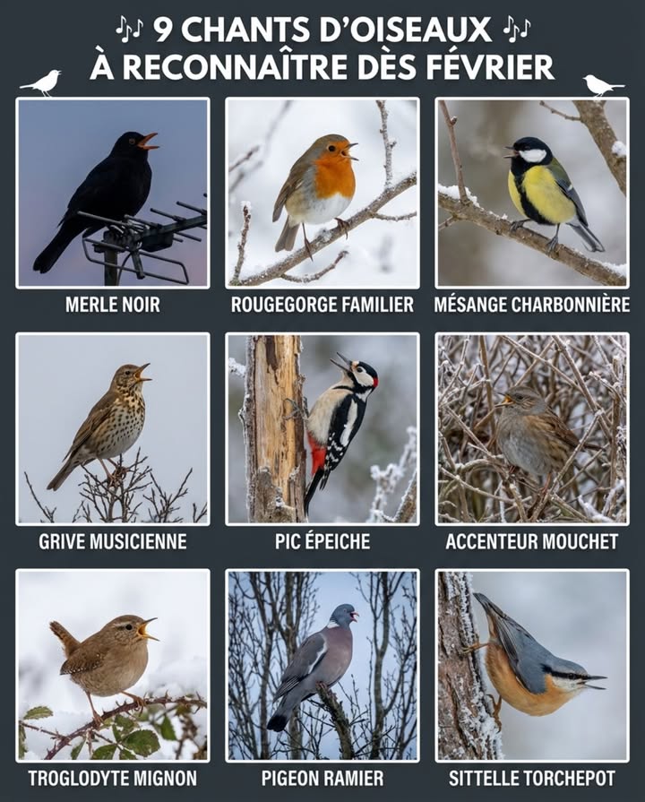 9 chants doiseaux à reconnaître dès février en France.
Merle noir : phrase mélodieuse flûtée, improvisée, jamais deux fois la même, dès la tombée du jour depuis un toit ou une antenne
Rougegorge familier : cascade de notes aiguës rapides, chante même en plein hiver et à la nuit tombante quand tous les autres se taisent
Mésange charbonnière : ti-tu ti-tu ti-tu répétitif et métallique, premier chant territorial dès fin janvier, facile à confondre avec un grincement
Grive musicienne : répète chaque motif 2 à 3 fois de suite avant de passer au suivant, chante perchée très haut dès février
Pic épeiche : ne chante pas, tambourine en rafales rapides sur du bois mort, 10 à 12 coups par seconde audibles à 500 mètres
Accenteur mouchet : chant aigu discret en filet continu, souvent ignoré car confondu avec le troglodyte, chante depuis lintérieur dune haie
Troglodyte mignon : volume disproportionné pour sa taille de 9 cm, trilles explosifs et rapides émis depuis les broussailles basses
Pigeon ramier : hou-HOO-hou hou-hou grave et rythmé, cinq notes reconnaissables, reprises en boucle depuis les grands arbres
Sittelle torchepot : sifflement puissant et montant tuit-tuit-tuit émis en parcourant les troncs, rappelle un son métallique
Fermer les yeux en ouvrant la fenêtre suffit.

#ChantsOiseaux #IdentificationSonore #OrnithologieFrance