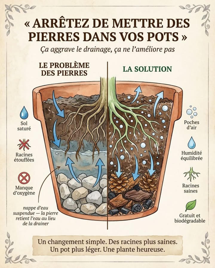Mettre des cailloux au fond dun pot est lun des conseils les plus répandus  et lun des plus néfastes. 

Le problème : quand deux substrats de granulométrie différente se touchent, leau se bloque à linterface. Le substrat au-dessus des pierres se sature, prive les racines doxygène  exactement là où on voulait les protéger.

À la place :
 Pommes de pin ou morceaux décorce de pin
 Fragments de vieux pot en terre cuite
 Perlite mélangée au terreau

Ce qui améliore vraiment le drainage : un substrat bien formulé avec drainage naturel et un trou de pot dégagé. 

#RempotageConseils #DrainagePot #PlantesEnPot #TerreauJardin