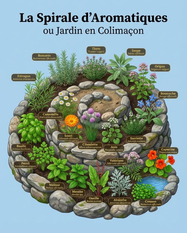 La spirale daromatiques nest pas un choix esthétique  cest une structure fonctionnelle qui crée trois microclimats dans moins de 3 m. 

La logique est simple : la spirale monte de 80 à 100 cm du sol au sommet. Cette différence daltitude suffit à créer trois zones radicalement différentes. En haut : sec, drainé, plein soleil  pour romarin, thym, sauge et origan. Au milieu : conditions intermédiaires  pour estragon, ciboulette, camomille, sarriette, bourrache et souci. En bas : humide, mi-ombre  pour basilic, persil, mélisse, oseille et absinthe. La menthe toujours en pot enterré ou avec barrière, sans exception. Le cresson au bord dune petite vasque si vous souhaitez en intégrer une.

Deux détails qui changent tout : construire en pierres sèches elles accumulent la chaleur le jour et la restituent la nuit, protégeant contre les gelées légères et orienter louverture de la spirale vers le sud pour maximiser lensoleillement.

Erreur à ne pas faire : planter sans respecter les zones. Romarin à la base = trop dhumidité, il dépérit. Basilic au sommet = trop sec, il brûle. La structure ne fonctionne que si le placement est cohérent.

Avantage invisible : les pierres attirent les lézards des murailles, qui chassent limaces et insectes ravageurs. En 3 m, vous avez un écosystème complet. 直

#spiraledaromatiques #jardinpermaculture #herbesaromatiques #jardinbio