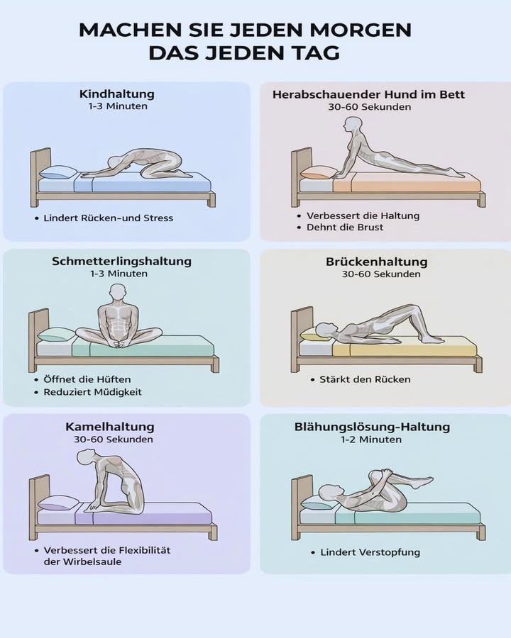Machen Sie das jeden Morgen  Ihr Körper wird es Ihnen danken!

Nur ein paar Minuten nach dem Aufwachen können einen riesigen Unterschied machen. Diese einfachen Übungen helfen, den Körper sanft zu aktivieren, Verspannungen zu lösen und voller Energie in den Tag zu starten. 

Hier ist eine kleine Morgenroutine, die Sie direkt im Bett machen können:

律 1. Kindhaltung 13 Minuten
 Lindert Rücken- und Stress
 Entspannt die Wirbelsäule
 Beruhigt den Geist

 2. Herabschauender Hund im Bett 3060 Sekunden
 Verbessert die Haltung
 Dehnt Brust und Schultern
 Fördert die Durchblutung

曆 3. Schmetterlingshaltung 13 Minuten
 Öffnet die Hüften
 Reduziert Müdigkeit
 Aktiviert sanft den Unterkörper

 4. Brückenhaltung 3060 Sekunden
 Stärkt den Rücken
 Aktiviert Gesäß und Beine
 Unterstützt eine gesunde Wirbelsäule

 5. Kamelhaltung 3060 Sekunden
 Verbessert die Flexibilität der Wirbelsäule
 Öffnet den Brustbereich
 Fördert tiefes Atmen

珞 6. Blähungslösungs-Haltung 12 Minuten
 Lindert Verstopfung
 Unterstützt die Verdauung
 Entspannt den unteren Rücken

 Diese Routine dauert nur wenige Minuten, kann aber:
 Ihre Beweglichkeit verbessern
 Schmerzen vorbeugen
 Stress reduzieren
 Ihre Energie steigern