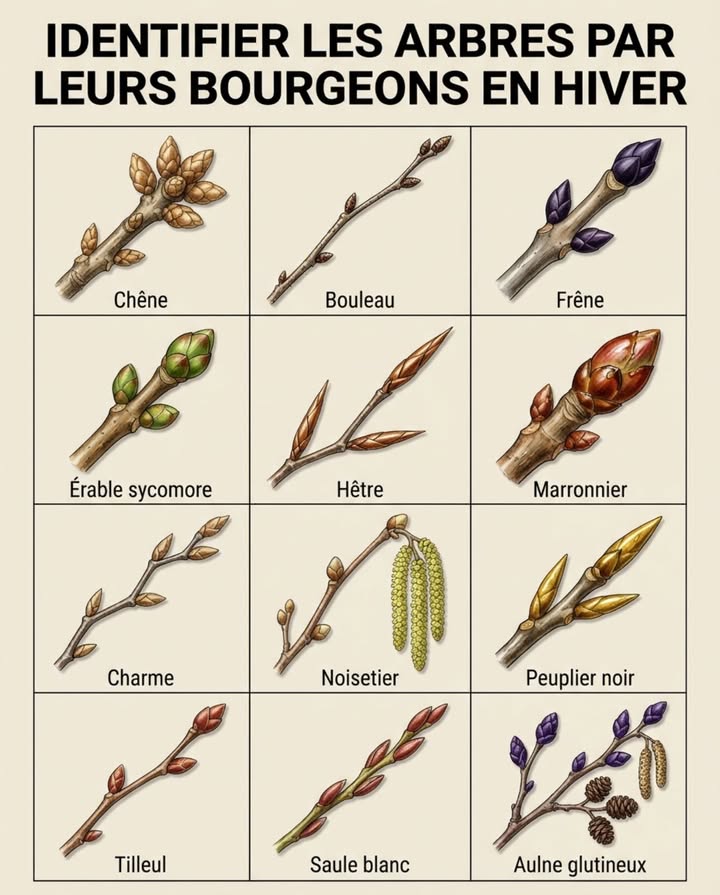 En hiver, quand lécorce se ressemble et que les feuilles sont tombées, les bourgeons restent le code secret  chaque espèce porte des détails uniques dans lagencement, la couleur et la texture de ses futurs rameaux.

Chêne pédonculé Quercus robur
Bourgeons ovoïdes groupés en étoile à lextrémité du rameau. Brun clair, avec plusieurs écailles visibles. Larrangement en bouquet terminal est caractéristique.

Frêne commun Fraxinus excelsior
Bourgeons opposés noir-violet très gros et coniques. Disposition strictement opposée sur le rameau  si vous voyez des bourgeons face à face, cest un frêne.

Érable sycomore Acer pseudoplatanus
Bourgeons opposés vert-brun avec écailles bordées de brun foncé. Plus arrondis que le frêne. Les cicatrices foliaires en U renversé sous chaque bourgeon confirment lérable.

Hêtre Fagus sylvatica
Bourgeons effilés brun-cuivré brillants, longs et pointus comme des cigares. Portés en alternance sur un rameau zigzaguant légèrement.

Marronnier Aesculus hippocastanum
Bourgeons terminaux énormes 2-3 cm brun-rouge collants de résine. Les plus gros bourgeons des arbres français  impossibles à confondre.

Noisetier Corylus avellana
Bourgeons ronds vert-brun avec chatons mâles pendants jaune-vert dès janvier. La présence de chatons précoces identifie immédiatement le noisetier.

Peuplier noir Populus nigra
Bourgeons effilés brun-jaune brillants très collants de résine odorante. Portés contre le rameau, jamais écartés.

Saule blanc Salix alba
Bourgeons aplatis contre le rameau, allongés et brun-rouge. Une seule écaille enveloppe tout le bourgeon  unique parmi les arbres français.

Bouleau verruqueux Betula pendula
Bourgeons petits brun foncé pointus avec des glandes résineuses qui rendent les jeunes rameaux rugueux au toucher.

Tilleul à petites feuilles Tilia cordata
Bourgeons asymétriques brun-rouge avec 2-3 écailles visibles. Portés en alternance sur rameaux fins et souples.

Aulne glutineux Alnus glutinosa
Bourgeons violet foncé portés sur un pédicelle  ils semblent suspendus au-dessus du rameau. Souvent accompagnés de petits cônes ligneux persistants.

Charme commun Carpinus betulus
Bourgeons effilés brun clair appliqués contre le rameau en zigzag régulier. Plus petits et plus serrés que ceux du hêtre.

Conseil de terrain : photographiez le bourgeon terminal, un bourgeon latéral, et larrangement sur 10 cm de rameau. Ces trois angles permettent une identification certaine par comparaison.