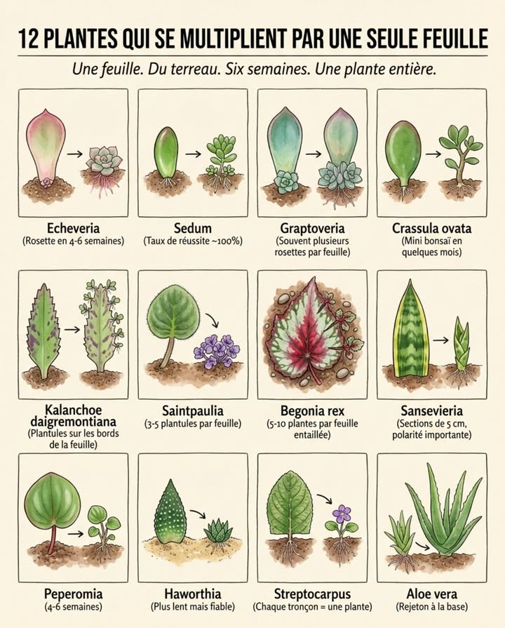 Une seule feuille détachée, posée sur du terreau humide  et six semaines plus tard, une plante entière pousse à sa base. Pas de graine, pas de bouture classique, pas de racine. Juste une feuille et de la patience. 

La plupart des plantes ne peuvent pas se reproduire à partir dune feuille. Mais certaines familles  les succulentes, les bégonias, quelques plantes tropicales  possèdent des cellules totipotentes dans leurs feuilles : des cellules capables de se reprogrammer pour produire des racines, des tiges et des feuilles entièrement nouvelles à partir dun fragment de tissu. Cest la multiplication végétative la plus spectaculaire et la plus lente  mais aussi la plus gratifiante.

Classées par facilité :

Les succulentes à feuilles  les plus faciles et les plus fiables. Détacher délicatement une feuille saine de la tige en la tournant doucement  elle doit se détacher proprement avec la base intacte. Une feuille cassée ne fonctionne pas. Laisser sécher la base 24-48 heures à lair pour former un cal cicatriciel. Poser la feuille à plat sur du terreau sec. Ne pas arroser pendant une semaine, puis brumiser légèrement tous les 3-4 jours. Les racines roses apparaissent en 2-3 semaines, une rosette miniature se forme en 4-6 semaines.

Echeveria Echeveria spp. la star de la multiplication par feuille  chaque feuille charnue produit une rosette miniature parfaite à sa base pendant que la feuille mère se dessèche lentement en lui transférant ses réserves. Taux de réussite : 80 % ou plus.

Sedum Sedum spp. les feuilles tombent naturellement et senracinent seules au pied de la plante mère. Poser les feuilles tombées sur du terreau et attendre  elles font tout le travail. Taux de réussite proche de 100 %.

Graptoveria et Graptopétalum les hybrides les plus généreux  chaque feuille produit souvent plusieurs rosettes au lieu dune seule. La multiplication est si facile que les jardineries les utilisent pour produire en masse.

Crassula ovata arbre de jade la feuille détachée produit des racines puis un mini-tronc en quelques mois. Le résultat est un arbre de jade miniature qui atteindra la taille adulte en 3-5 ans  une patience récompensée par un bonsaï succulent gratuit.

Kalanchoe daigremontiana mère de milliers le cas extrême  cette plante produit des plantules complètes directement sur les bords de ses feuilles, encore attachées à la plante mère. Les bébés tombent au sol avec des racines déjà formées et sinstallent immédiatement. Une seule feuille peut porter vingt à trente plantules prêtes à lemploi.

Les tropicales à feuilles  plus lentes, plus spectaculaires.

Saintpaulia violette africaine couper une feuille avec 3 cm de pétiole. Planter le pétiole en biais dans du terreau humide. Couvrir dun sac plastique transparent pour maintenir lhumidité. Des bébés-plantes apparaissent à la base du pétiole en 6-8 semaines  souvent trois à cinq plantules par feuille.

Begonia rex couper une grande feuille et entailler les nervures principales sur la face inférieure avec une lame propre. Poser la feuille à plat sur du terreau humide, face entaillée vers le bas, et la maintenir en contact avec le sol avec des épingles à cheveux. De nouvelles plantules apparaissent à chaque entaille en 4-6 semaines  une seule feuille produit cinq à dix plantes.

Sansevieria langue de belle-mère couper une feuille en sections de 5 cm. Marquer le haut et le bas de chaque section  la polarité compte, un fragment planté à lenvers ne senracine pas. Planter chaque section de 2 cm dans du terreau sableux, bas vers le sol. Racines en 3-4 semaines, nouvelle pousse en 2-3 mois. Attention : les variétés panachées perdent leur panachure par multiplication de feuille.

Peperomia couper une feuille avec pétiole, planter comme la violette africaine. Résultat en 4-6 semaines. Les feuilles charnues tolèrent lattente sans pourrir.

Haworthia détacher un rejeton à la base ou une feuille extérieure. Laisser sécher 48 heures. Poser sur terreau sableux. Racines en 3-4 semaines. Plus lent que les Echeveria mais tout aussi fiable.

Streptocarpus couper une feuille en tronçons de 5 cm et planter verticalement dans du terreau humide. Chaque tronçon produit une plantule à sa base  une feuille de 25 cm donne cinq plantes.

La multiplication par feuille demande plus de patience quun bouturage classique  mais le résultat est le même : des plantes gratuites, illimitées, à partir de ce qui tombe naturellement au pied de la plante mère. 

#MultiplicationParFeuille #PlantesGratuites #BouturageFacile #PlantesIntérieur