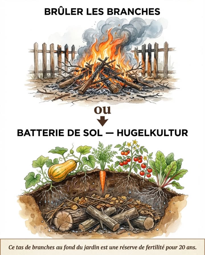 Ce tas de branches au fond du jardin est une réserve de fertilité pour 20 ans. Enterré plutôt que brûlé, le bois devient une éponge souterraine  il absorbe leau de pluie et la restitue lentement aux racines en période sèche. 

Cest le principe du hugelkultur : une tranchée de 30 à 50 cm, du bois en fond, des branchages fins, feuilles mortes et compost par-dessus, puis la terre.

Choix du bois : chêne et hêtre durent plus longtemps. Saule et bouleau se décomposent plus vite et libèrent leurs nutriments en premier. Éviter les résineux  leur résine ralentit la colonisation fongique.

Dès la deuxième saison, larrosage se réduit de moitié. Les champignons qui colonisent le bois créent un réseau mycorhizien actif sous les cultures. 

Ce qui pousse au-dessus pendant que le bois travaille en dessous : courge, carotte, tomate, blette  exactement les cultures qui ont besoin dhumidité constante en juillet et août.

#hugelkultur #butteDeBois #permaculture #potagerNaturel 華